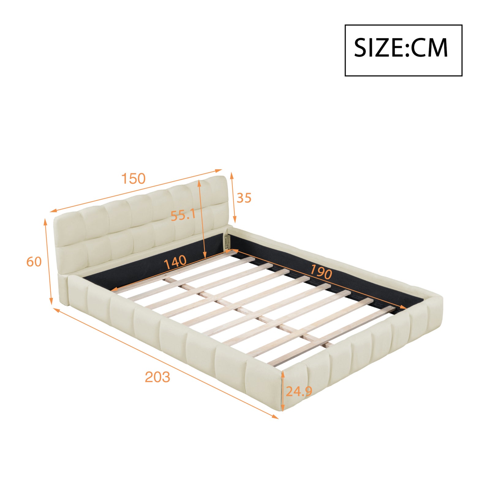 Lit adulte 140x190cm en lin avec dossier moelleux, Lit plat avec sommier à lattes, beige - 4