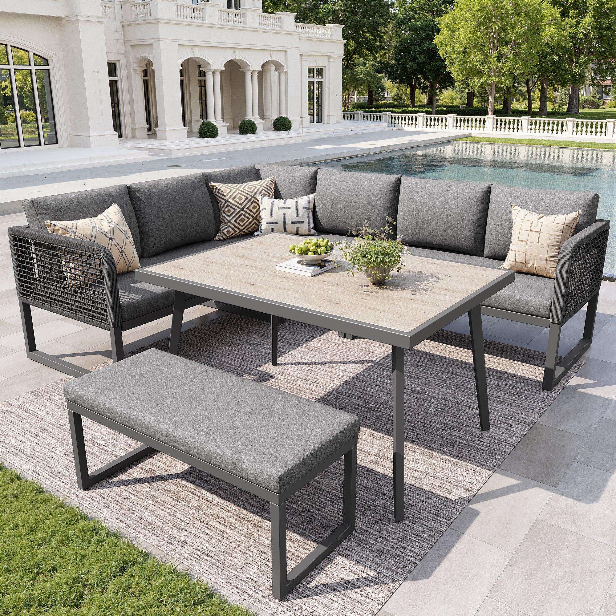 Conjunto de muebles de jardín modulares de metal para 6-8 personas: 1 sofá de cuatro plazas + 1 sofá de dos plazas + 1 banco + 1 mesa - Gris - 2
