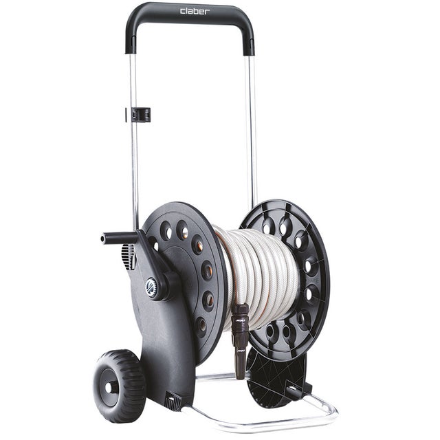 Claber Ecosei Kit, carro portamanguera de aluminio y plástico con manguera de jardín y boquilla rociadora