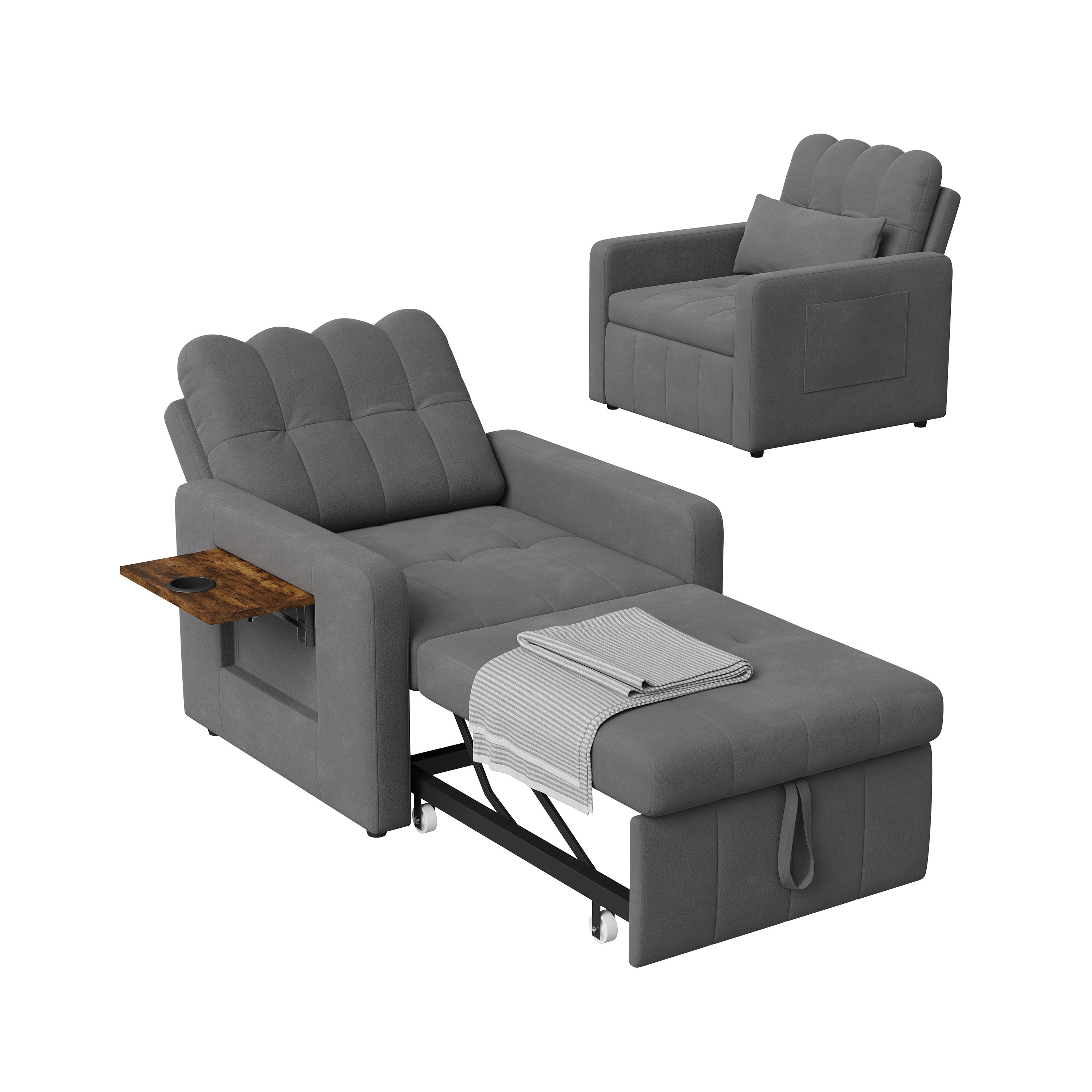 Canapé-lit 1 place pliant - fauteuil - dossier réglable, avec table d'appoint rabattable et poches latérales, tissu chenille - gris - 9