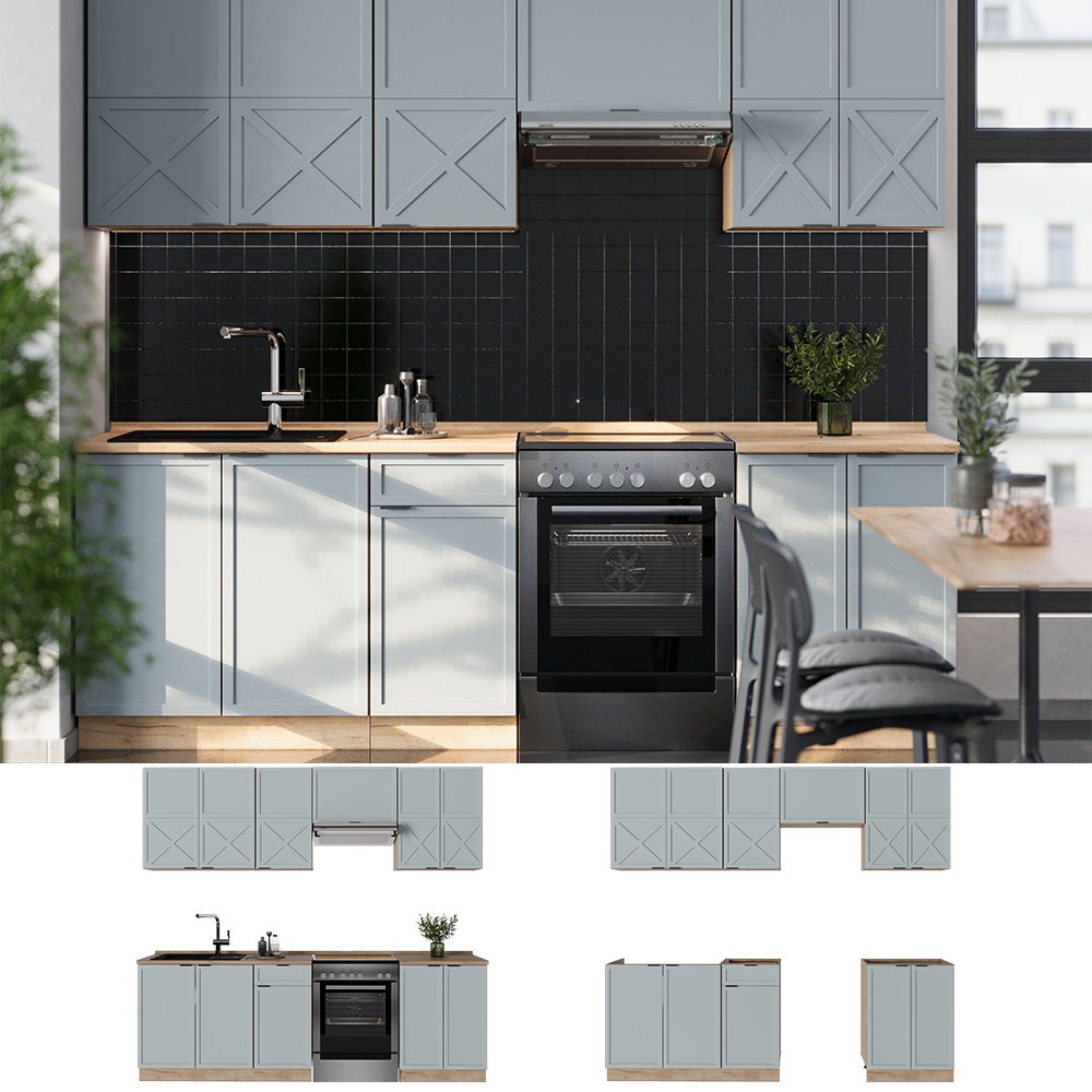 Vicco Cuisine Fame-Line, Bleu clair-gris/chêne force dor, 240cm sans PT - 5