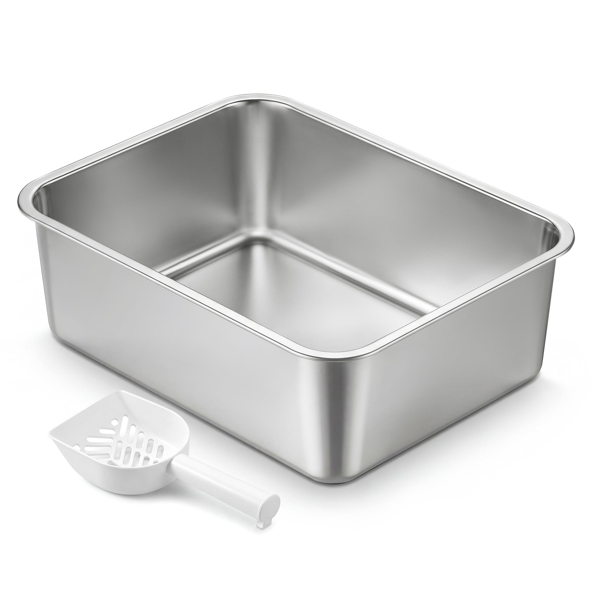 Feandrea  Bandeja Sanitaria Para Gatos De Acero Inoxidable,Arenero Abierto Con Pala, Antiadherente, Sin Olores M, 45 X 35 X 15 Cm, Para Gatitos Y Gatos Pequeños Plateado Acero Inoxidable, Leroy Merlin