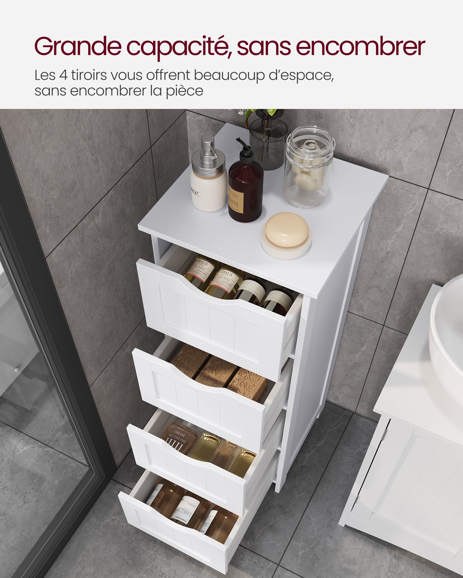 Armoire De Salle De Bain Avec 4 Tiroirs, 30 x 30 x 82 cm, Placard De Rangement, Colonne Blanc - 2
