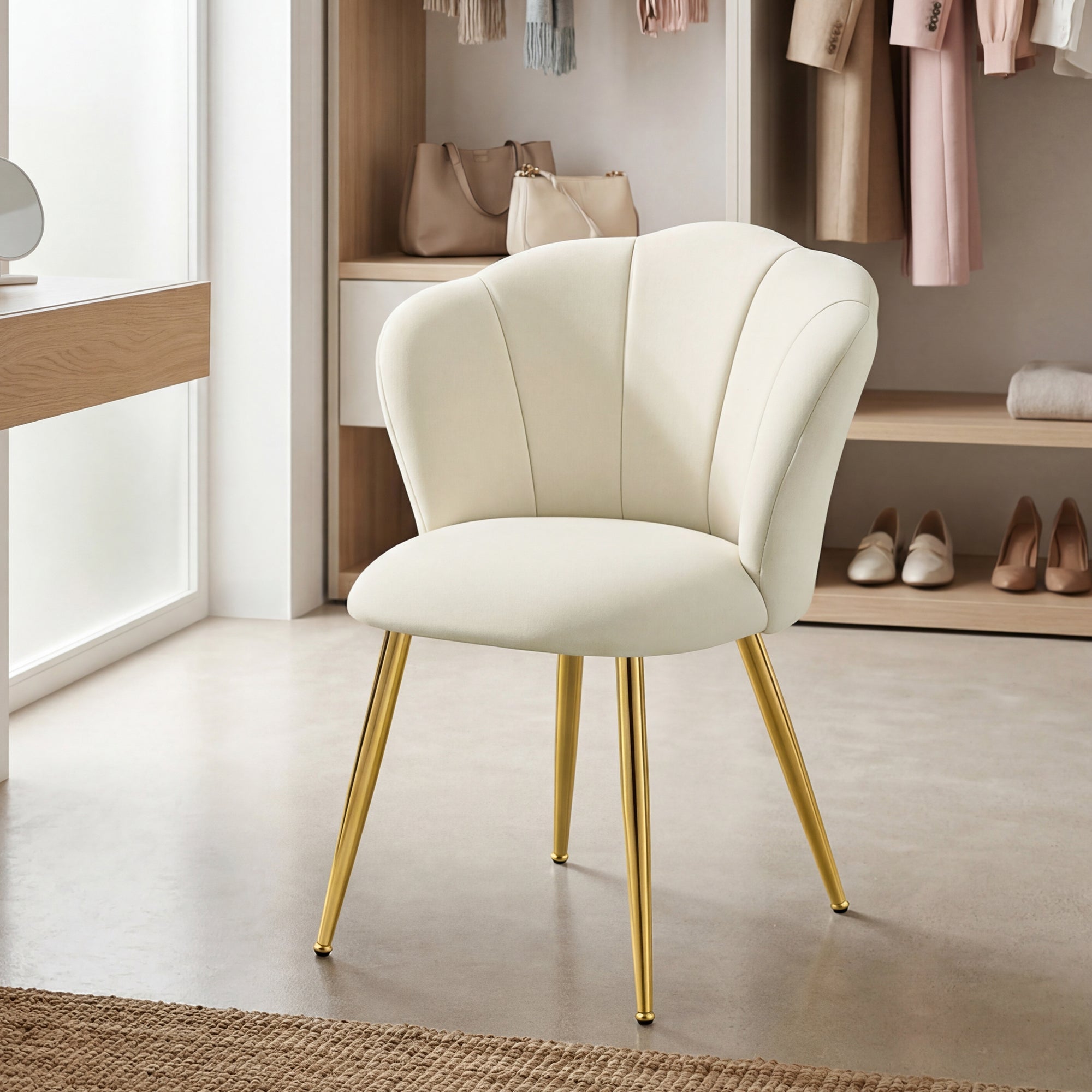 Chaise de Cuisine en Velours, Chaise Rembourrée avec Dossier Pétale, Pieds Acier, Salon, Chambre, Blanc crème - 3
