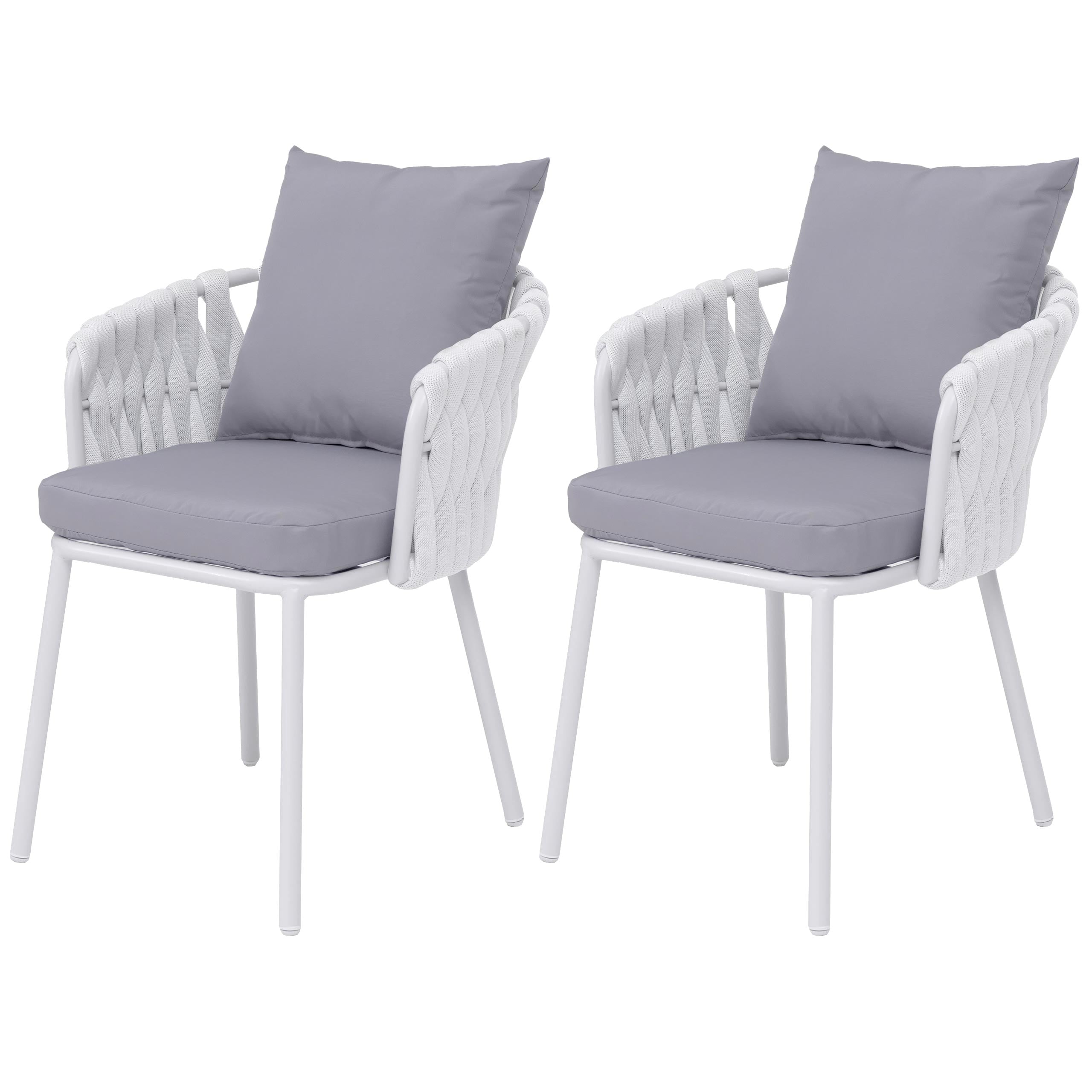 Zestaw 2 krzeseł ogrodowych z aluminium HWC-P89, fotel ogrodowy, krzesło ogrodowe, tkanina (180 g/m²) z plecionką linową ~ jasnoszary