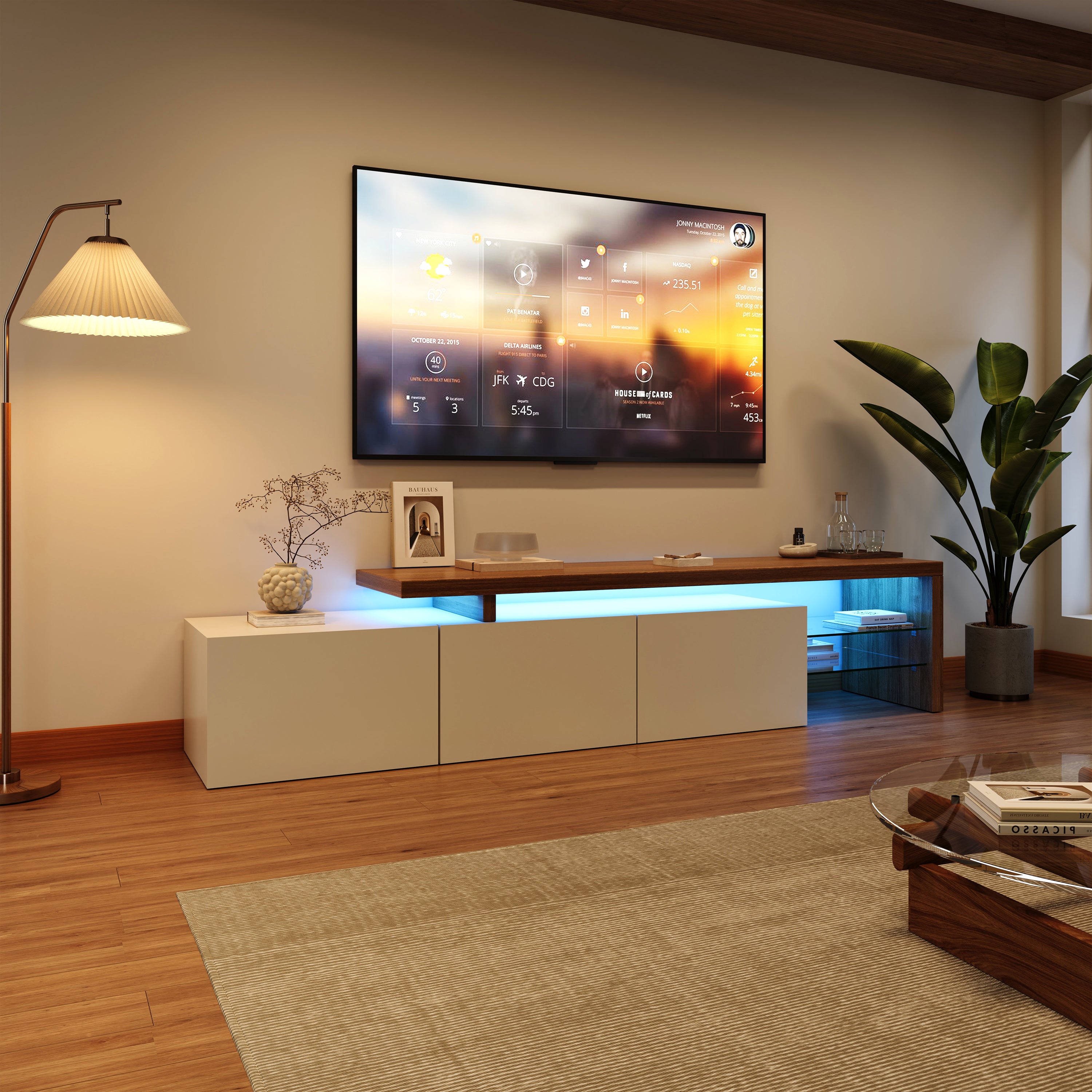 Meuble TV 200 cm, Support pour Téléviseur 75 Pouces, lumières LED variables, design 3 portes, étagères verre, Cadre en Bois, 200x39x42 cm - Blanc - 8