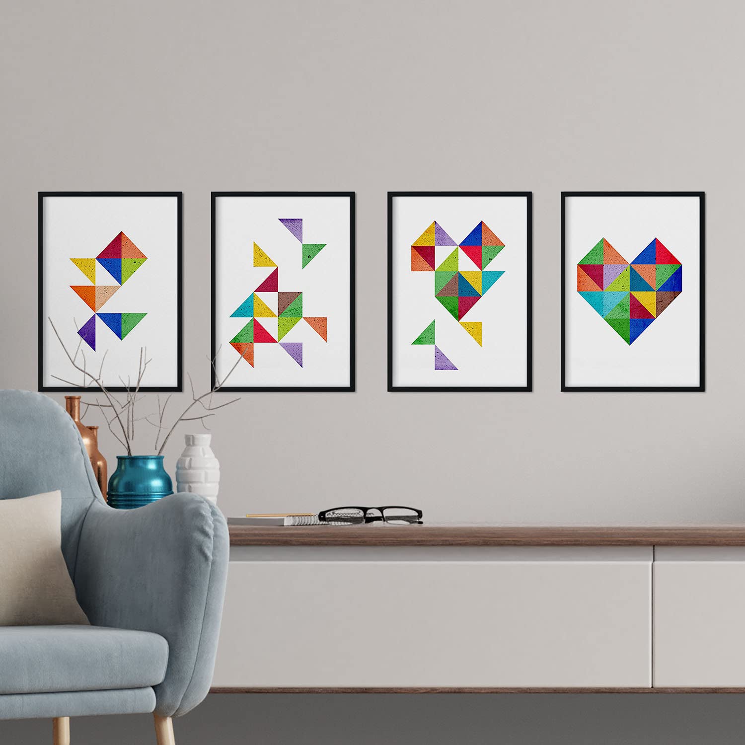 Set de 4 láminas para enmarcar corazón. cuatro posters con imagenes geometricas. composicion de corazón. láminas estilo nordico sin marco - a3