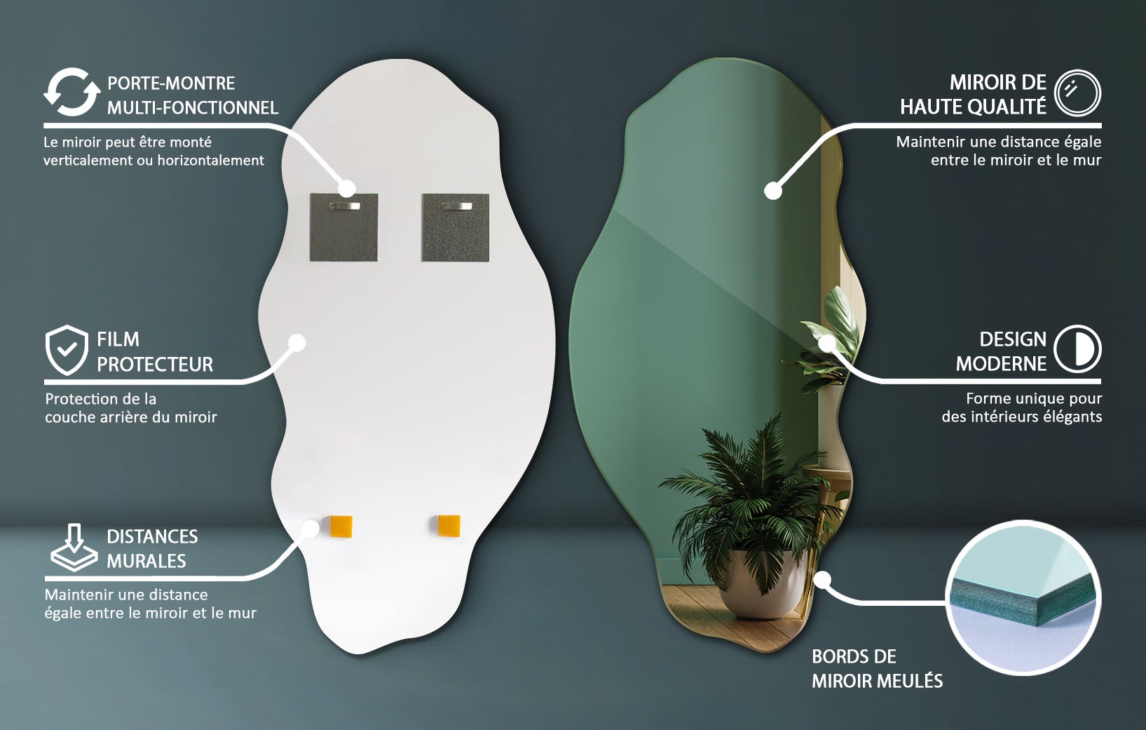 Miroir asymétrique organique irrégulier pour la salle de bain, le salon - 50 cm x 100 cm - 3