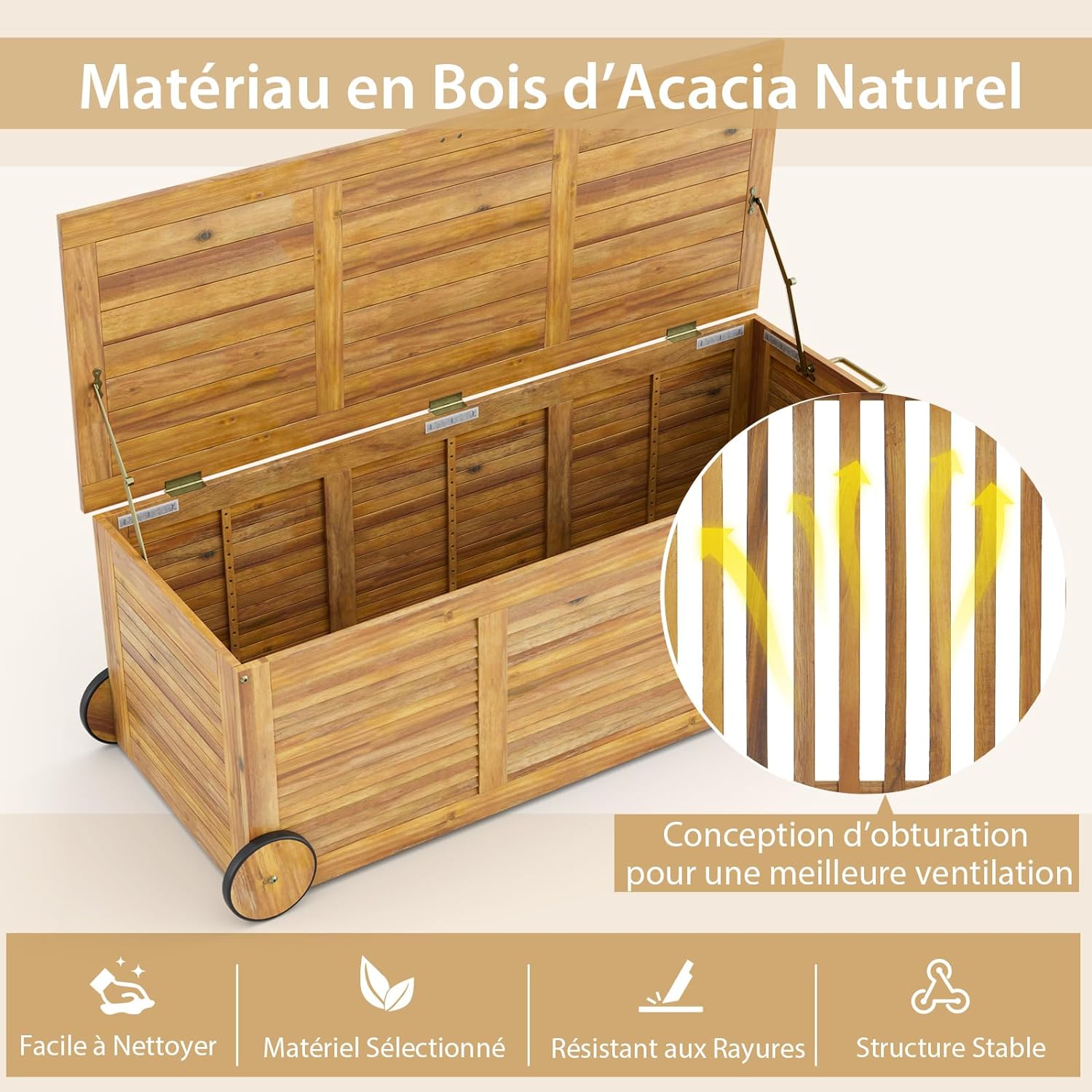 Caja de almacenamiento exterior de 182L rodante, de madera de acacia con 2 ruedas, asa lateral, funda impermeable, para cojines, juguetes, natural - 5