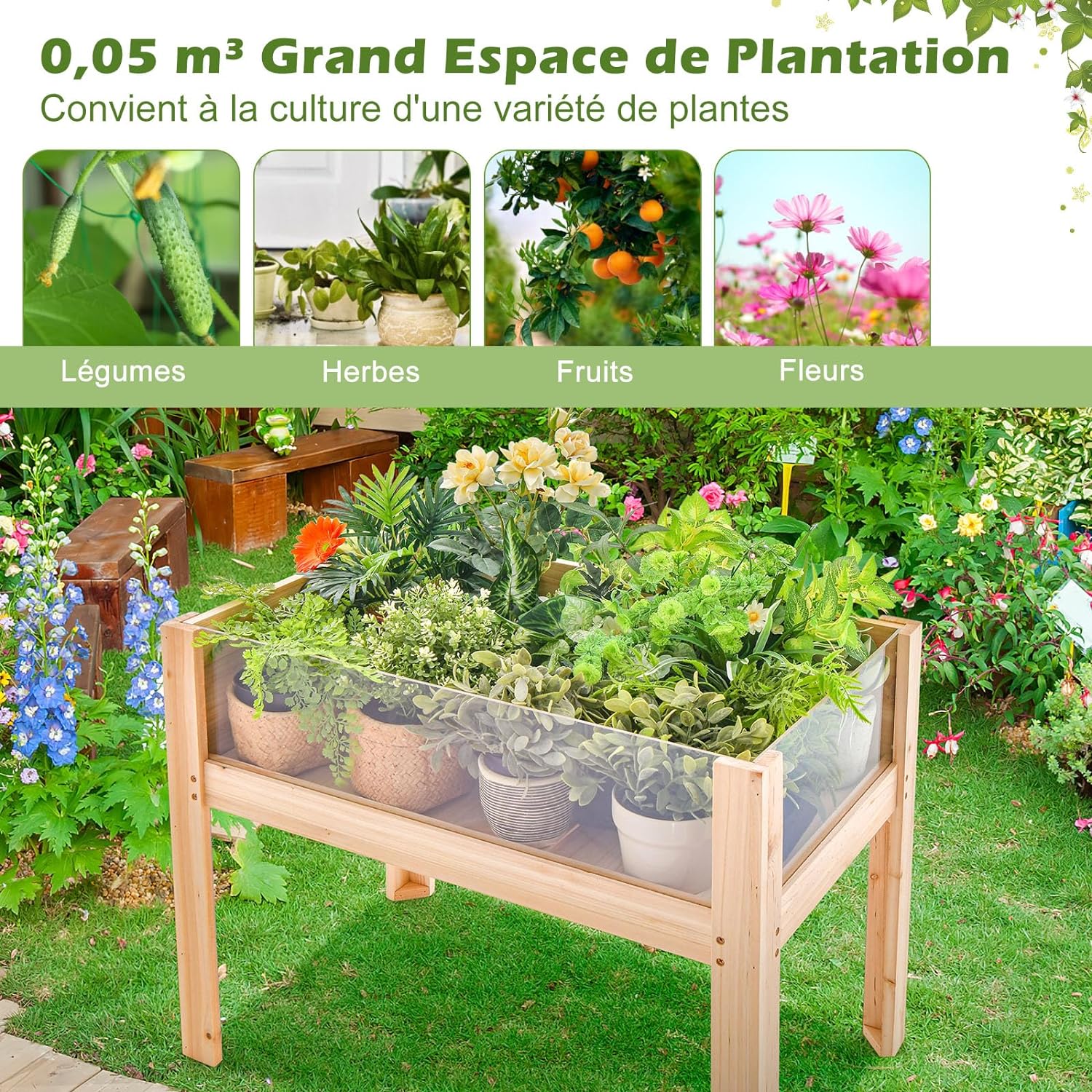 Carré Potager sur Pieds avec Panneau Acrylique, Lit de Jardin Surélevé en Bois, Trous de Drainage, Plates-Bandes Mobiles, 50L - 8