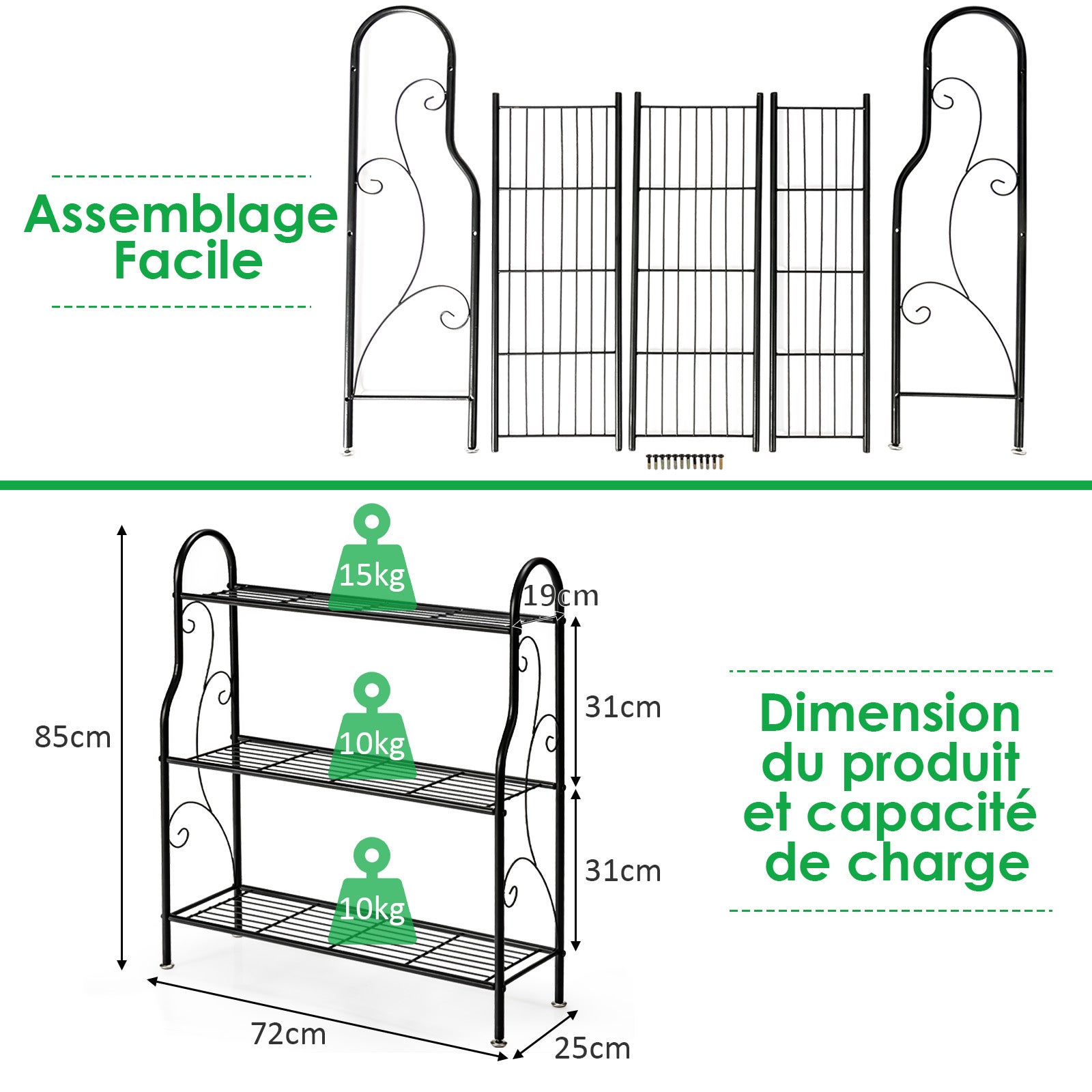 Support de Plantes à 3 Niveaux en Métal, Étagère de Rangement Multifonctionnelle avec Motif Élégant, Support pour Pots de Fleurs, 72 x 25 x 85 cm - 8