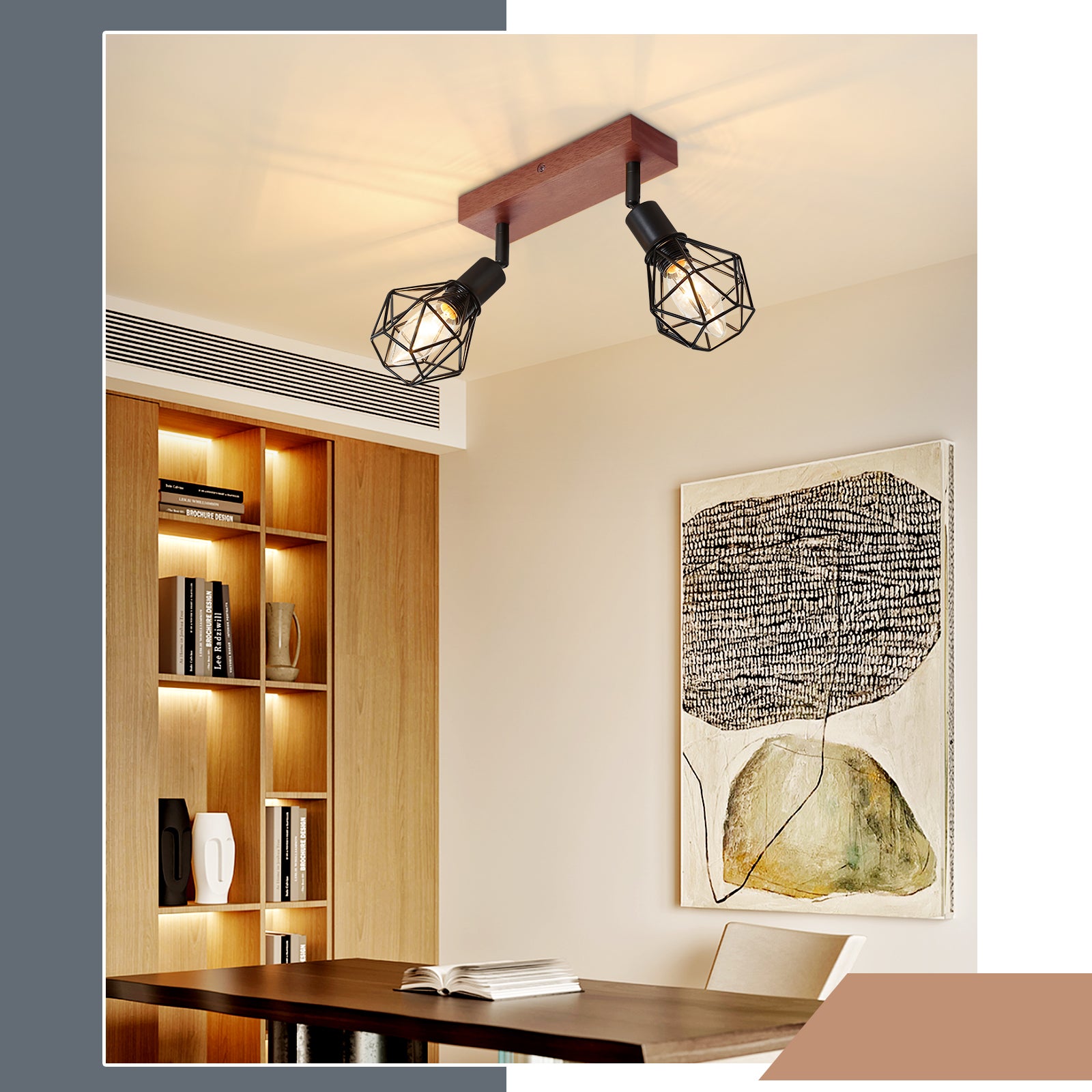 NETTLIFE 2 Vintage Black Wood Sufitowe Reflektoroway E14 Regulowane 350° w metalu, Oświetlenie sufitowe do kuchni, salonu, sypialni, maks. 25 W