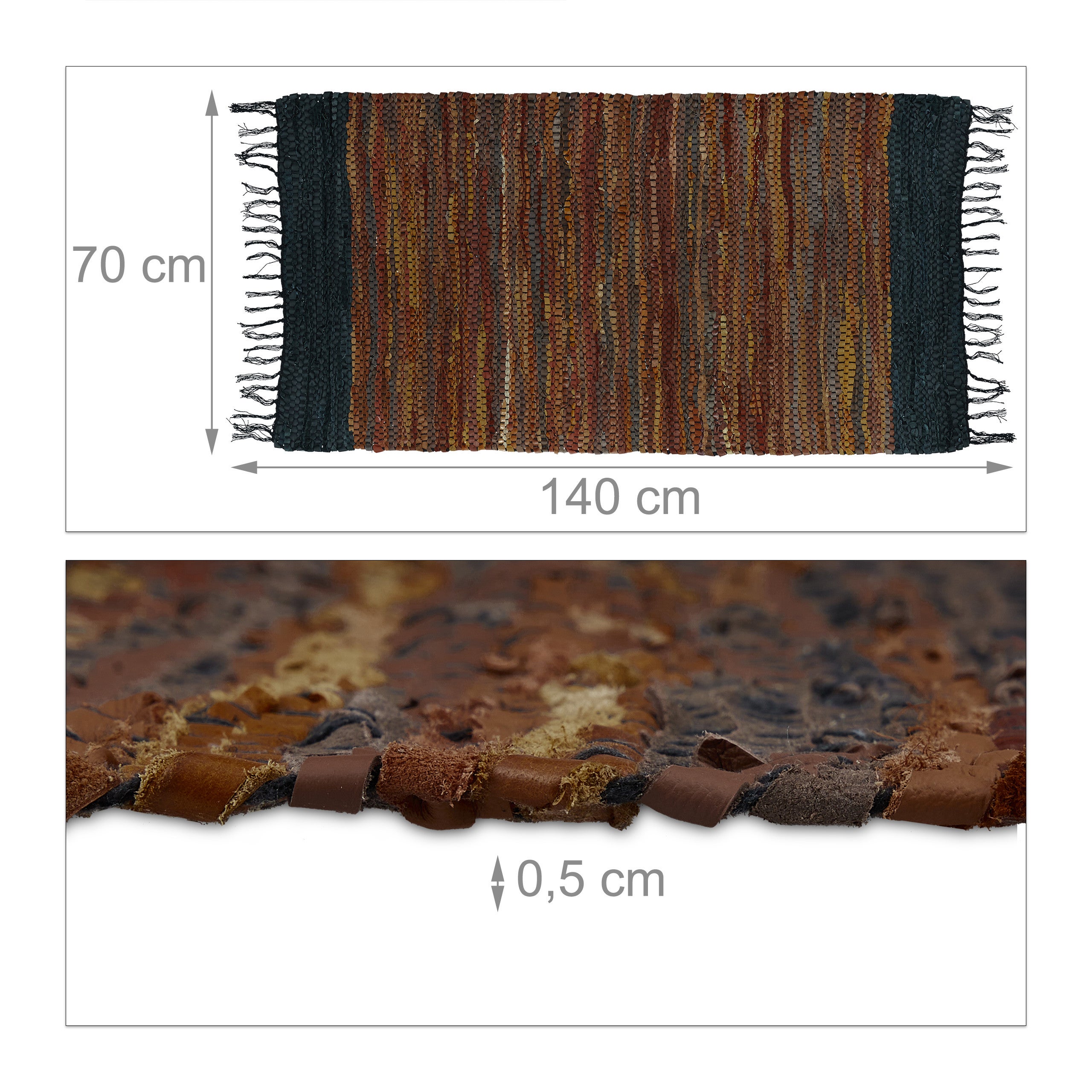 Tapis tissé, 70 x 140 cm, coton et cuir, descente de lit à franges, antidérapant, marron, Relaxdays - 4
