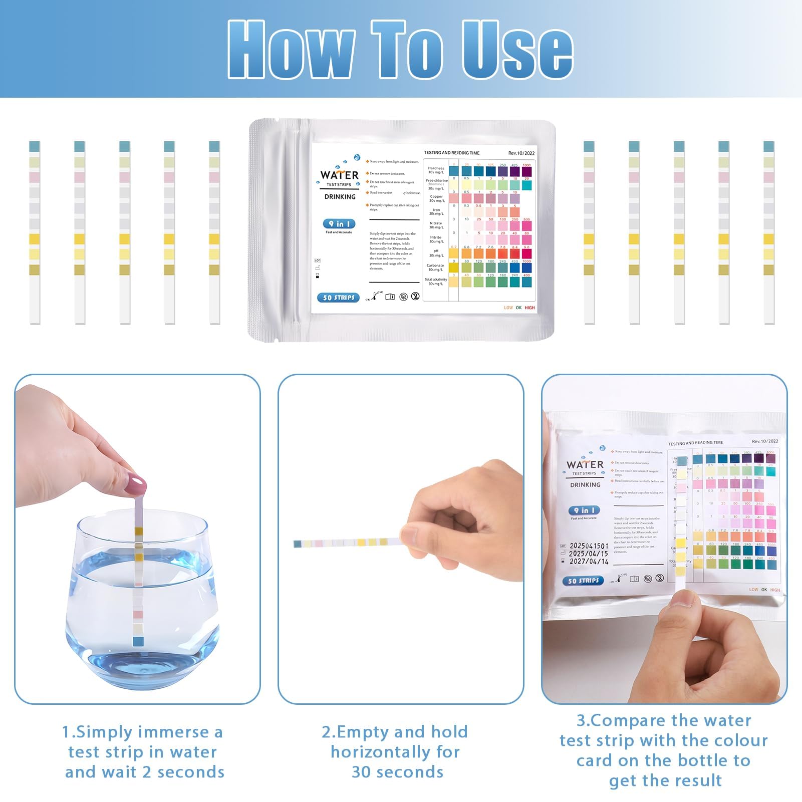 100 strisce reattive 9 in 1 per acqua, kit per test dell'acqua per acqua potabile -cloro libero, cloro totale, pH, durezza dell'acqua - 3