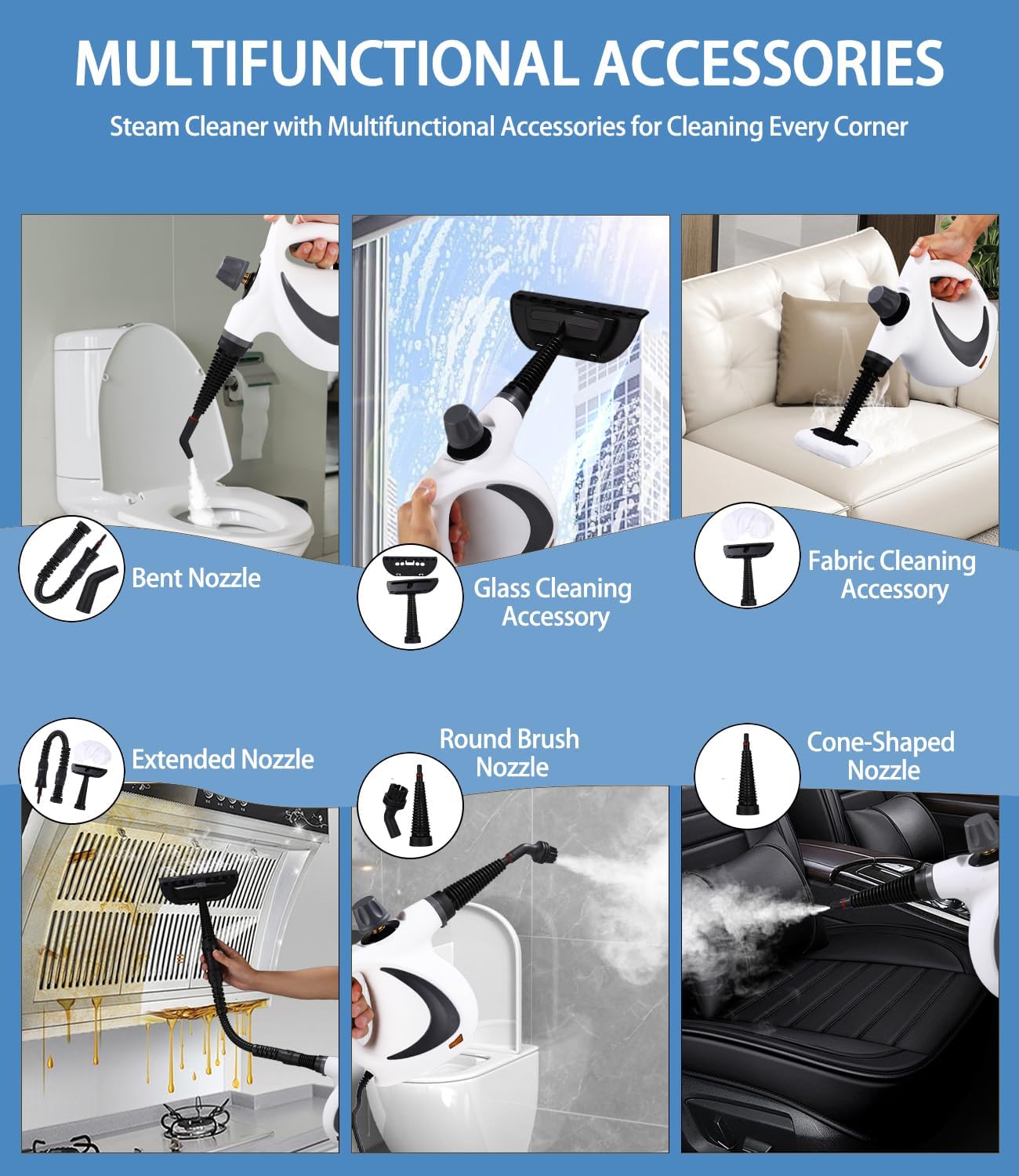 Nettoyeur Vapeur Puissant 1050 W 12 Accessoires 3,5 Bars Multifonction Portatif pour Tapis Rideaux Cuisine Canapés Sièges Auto Salle de Bain Tissus - 3