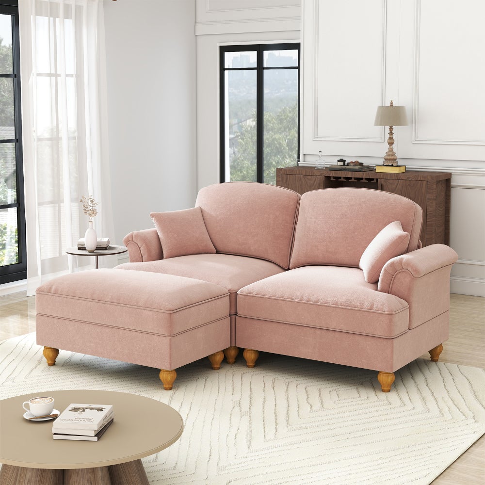 Narożna sofa modułowa z połowy XX wieku, w kształcie litery L, 2-osobowa, z podnóżkiem, różowa