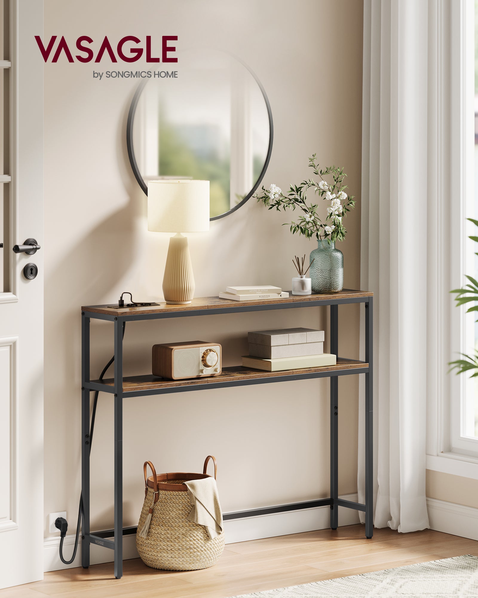 Console D’Entrée Étroite 105x30x81cm – 2 Étagères Ouvertes, Style Industriel – Meuble Rangement Couloir, Salon, Chambre - 8