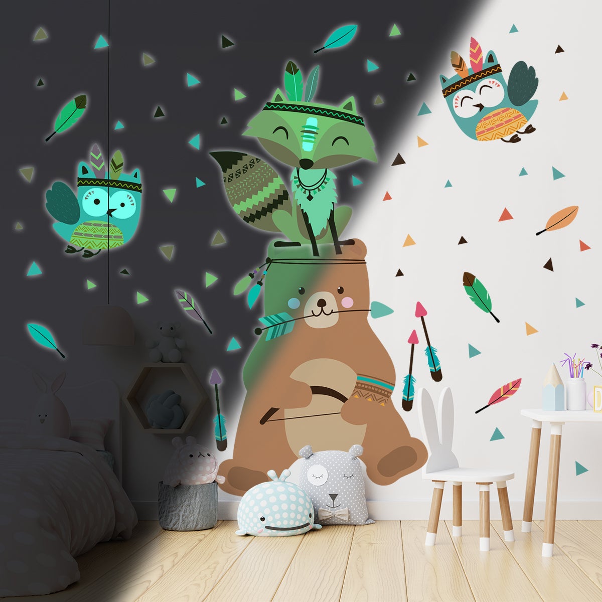 Adesivi fosforescente con orsacchiotto e animali indiani - Sticker adesivo - adesivi murali - 40x30cm - 3