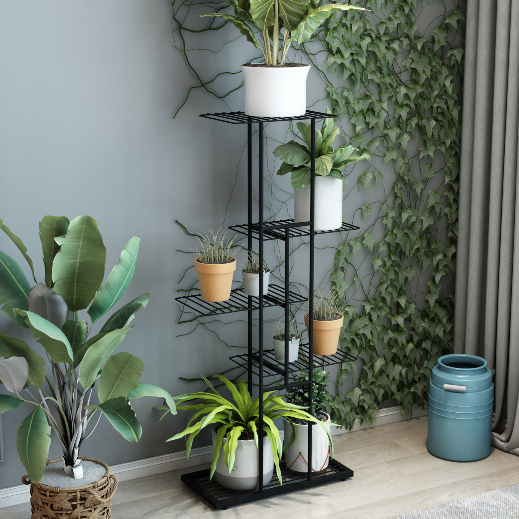 Espositore per fiori con secchi - 3 livelli 12 secchi, supporto per piante, espositore mobile per negozio di fiori con ruote, per giardino patio interno esterno, soggiorno, fiorista ( Color : B