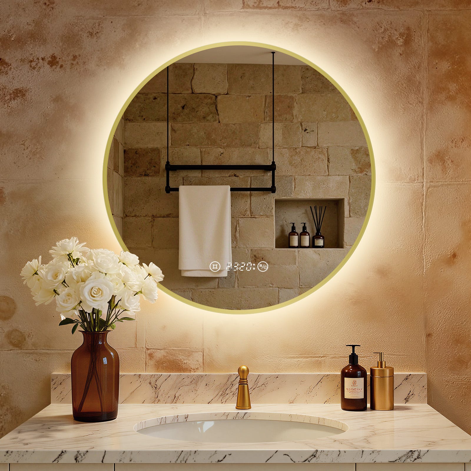 Miroir salle de bain rond LED 60 cm, antibuée, lumière réglable 3000K-6000K, mural moderne pour maquillage et coiffeuse - Maison Miroir salle de bain rond LED 60 cm, antibuée, lumière réglable 3000K-6000K, mural moderne pour maquillage et coiffeuse - Maison