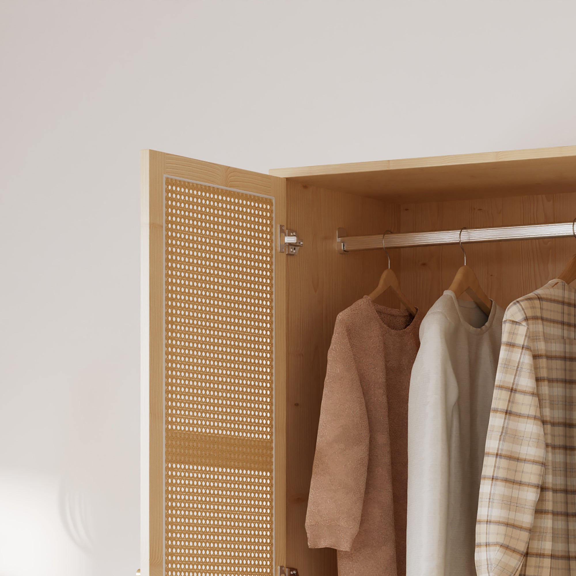 Armoire avec tringle - 2 portes grillagées en rotin et 1 compartiment abattant - Naturel - 5