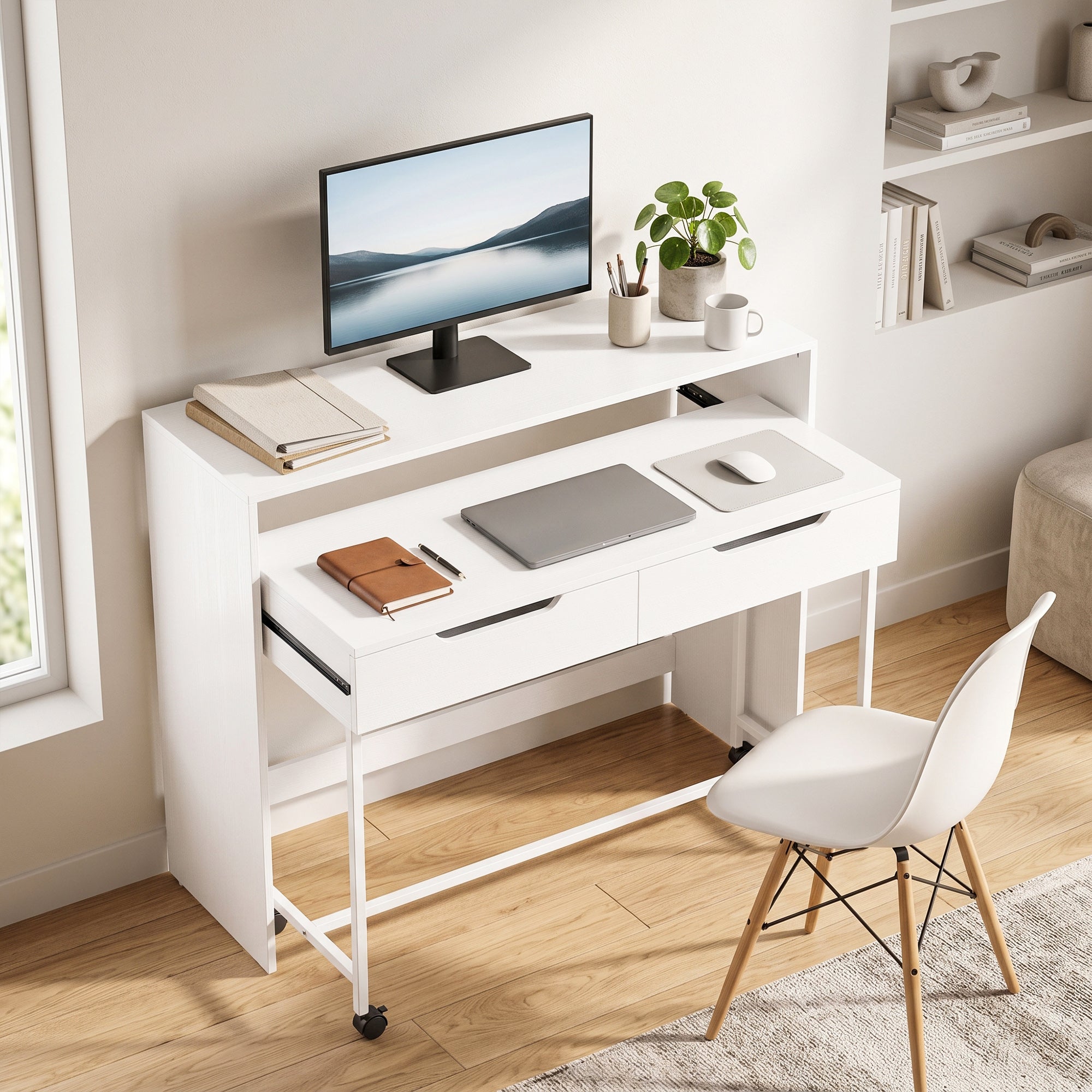 Bureau d'Ordinateur Extensible 100 cm avec 2 Tiroirs, Bureau avec ...