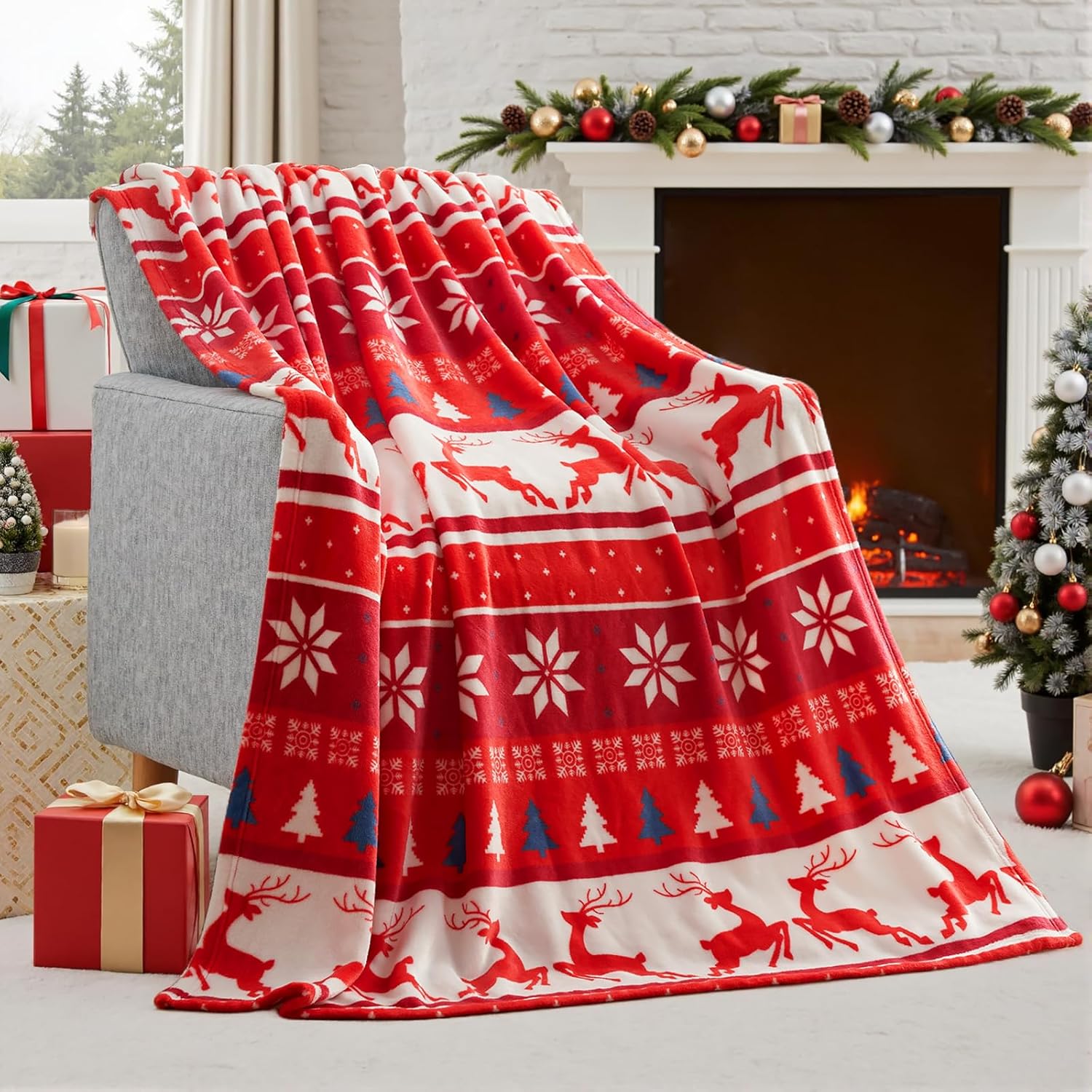 Sztuka (228x228 cm) Czerwony koc świąteczny Fair Isle, miękki flanelowy koc, ciepły, puszysty koc na sofę, prezent świąteczny