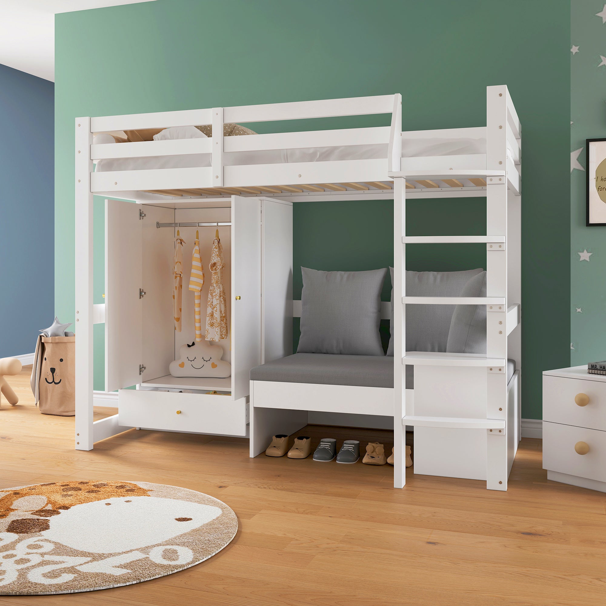 Letto a castello 90 x 200 cm, letto per bambini, con scaletta, armadio, divano con spazio contenitore, senza materasso, legno massello, bianco - 2