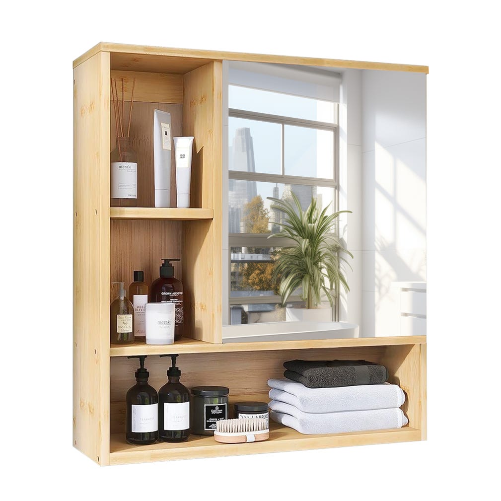 Armoire WC Mural Bambou UNHO – Rangement Suspendu Salle De Bain Avec Étagères Réglables, Porte Rotin, 59x20.5x66.5 Cm