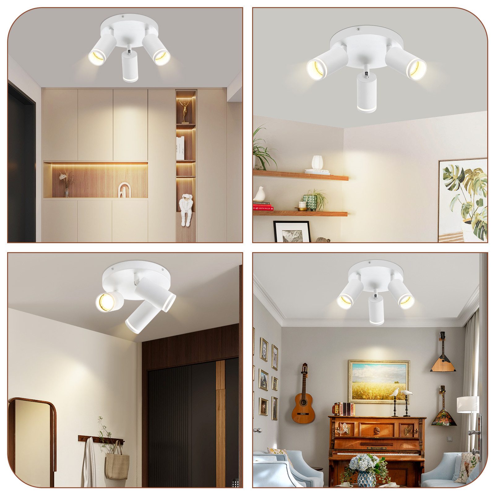 NETTLIFE Plafonnier LED 3 flamme - Blanc Plafonnier GU10 Spot pivotant Applique murale en bois Spot mural pour salon chambre Sans ampoule - 7