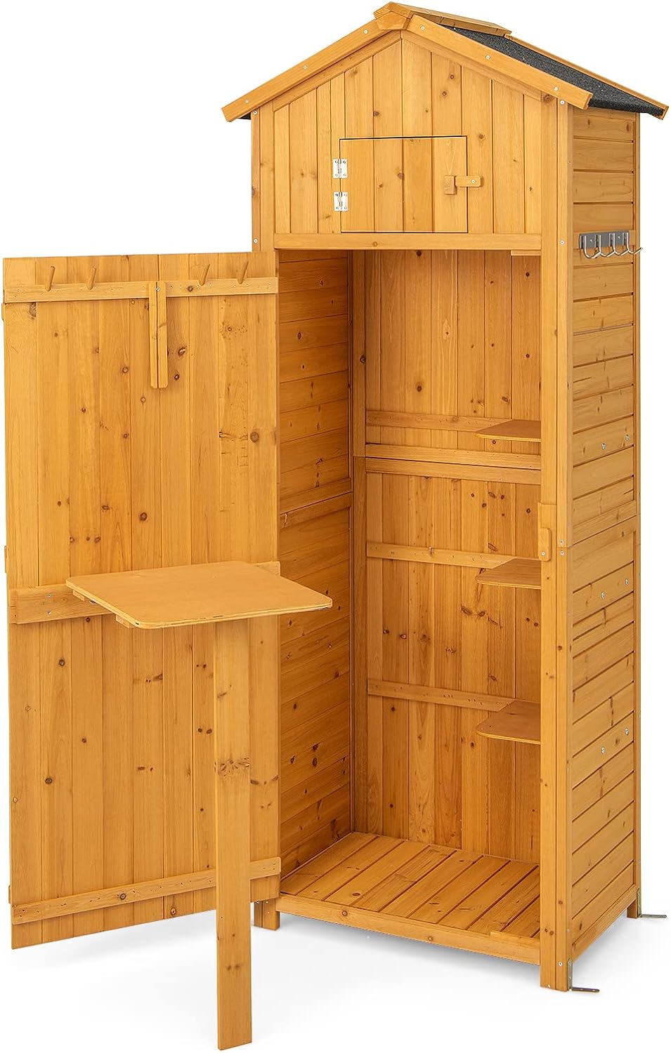Drewniana Altana Ogrodowa z Dachem Asfaltowym do Użytku na Zewnątrz, Szopa na Narzędzia z Zamykanymi Drzwiami, Składany Stół, 75 x 50 x 180,5 cm