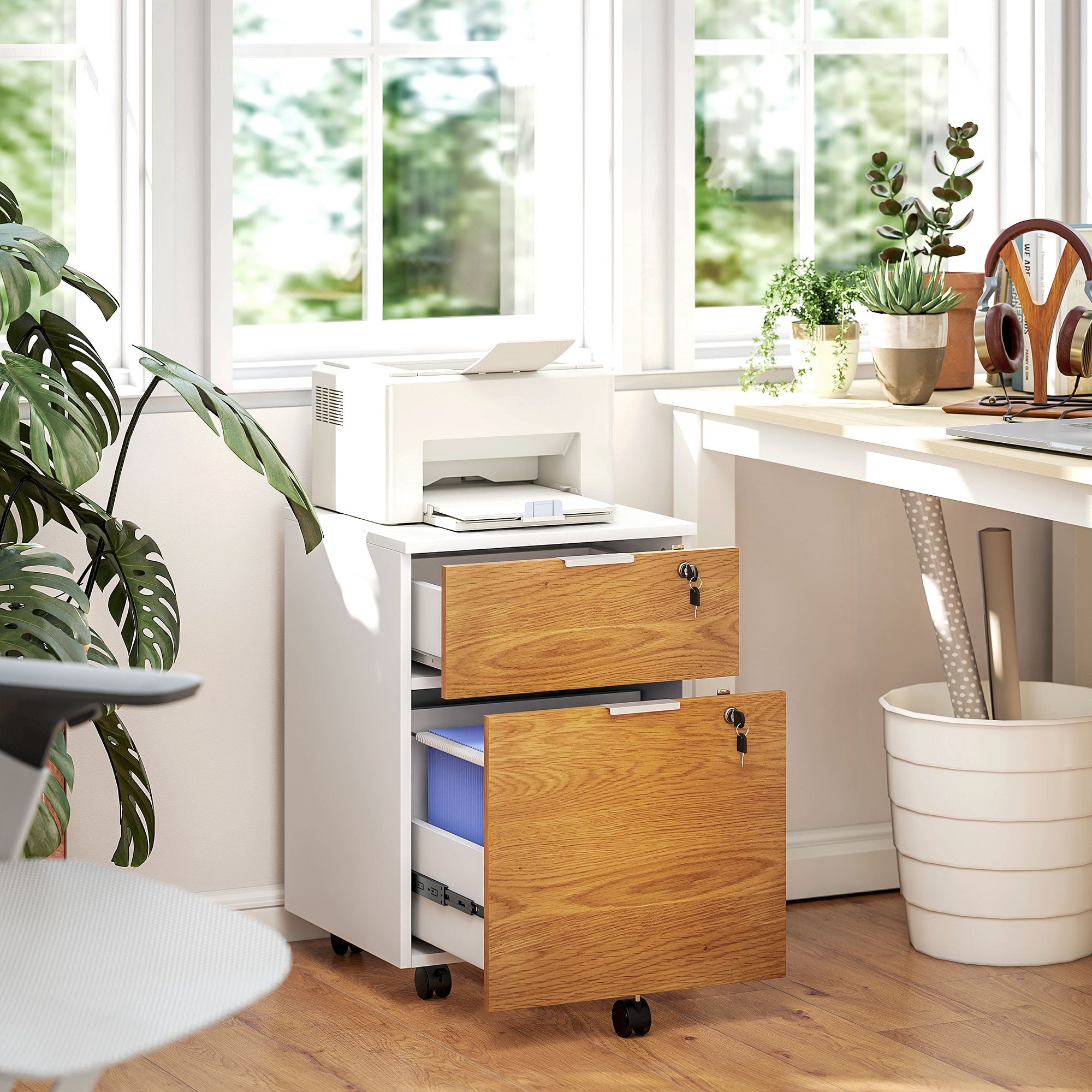 Caisson de bureau, meuble de rangement 2 tiroirs 2 barres pour dossier suspendu, verrouillable avec 2 clés 42x40x60 cm - 3