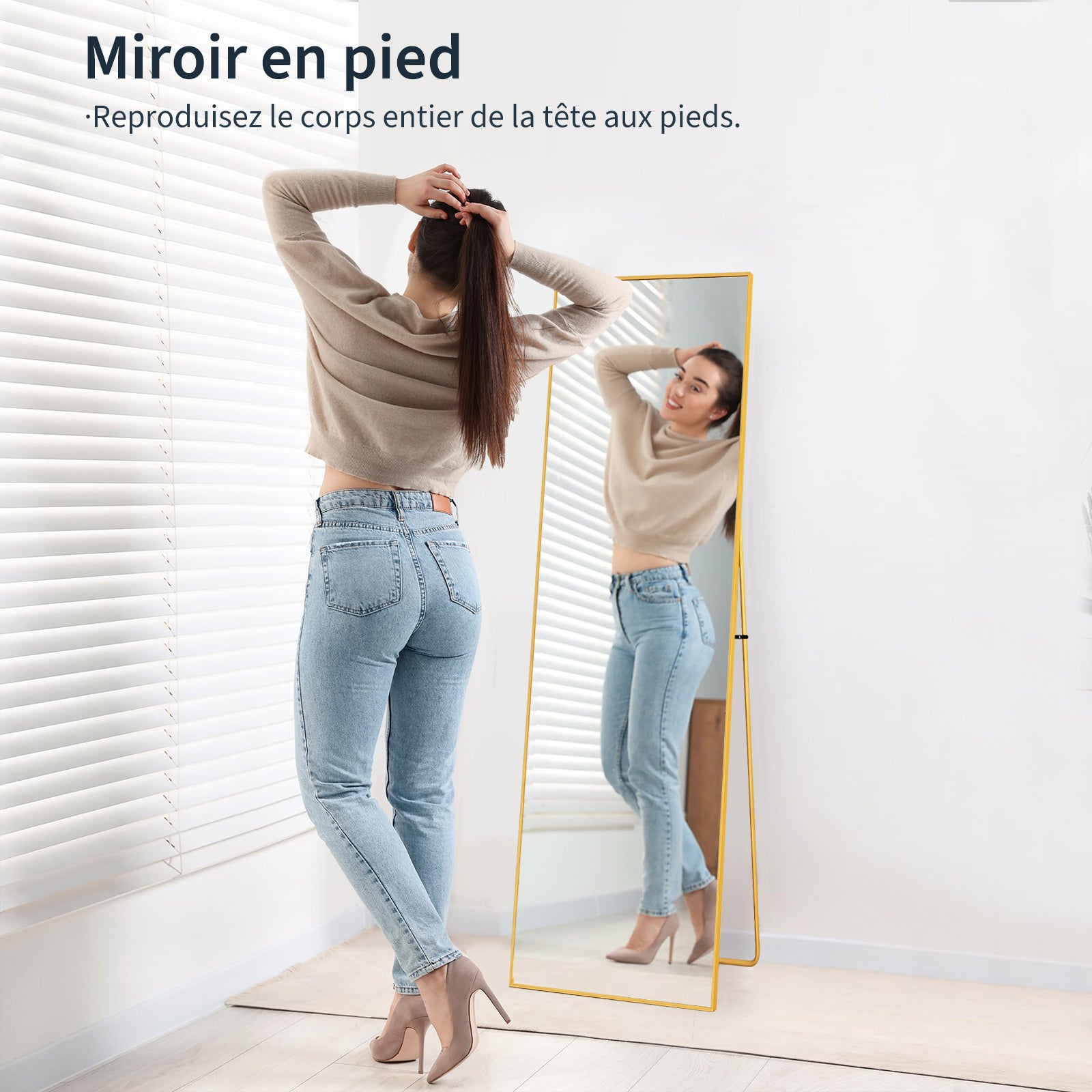 Miroir sur pied pleine longueur, 162 x 53 cm, Doré HD, cadre en alliage d'aluminium, miroir mural en verre trempé, idéal pour la chambre, le dressing - 2