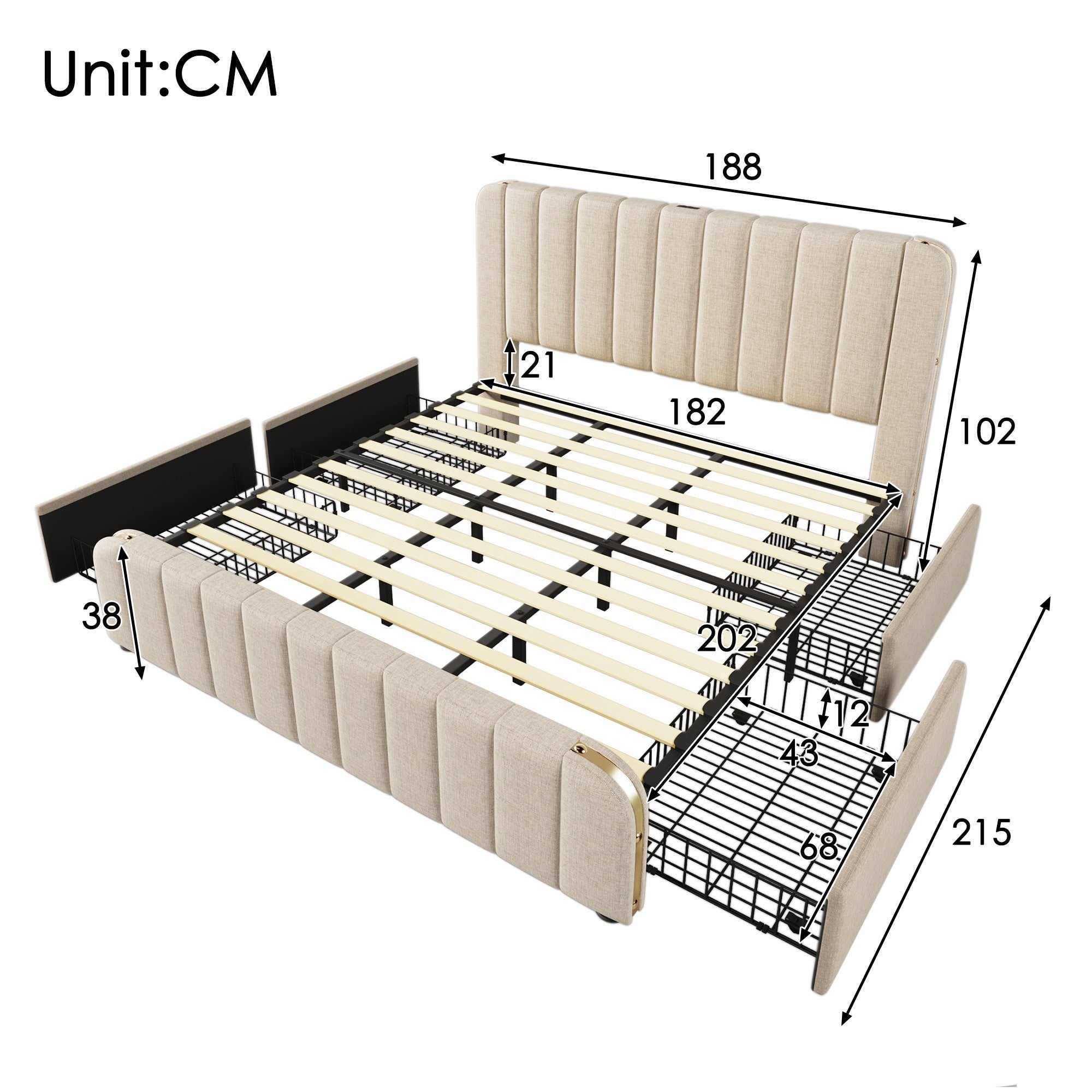 Lit pour adulte, capitonné 180*200 cm, avec bordure dorée et recharge USB Type-C, en lin beige, avec 4 tiroirs. - 3
