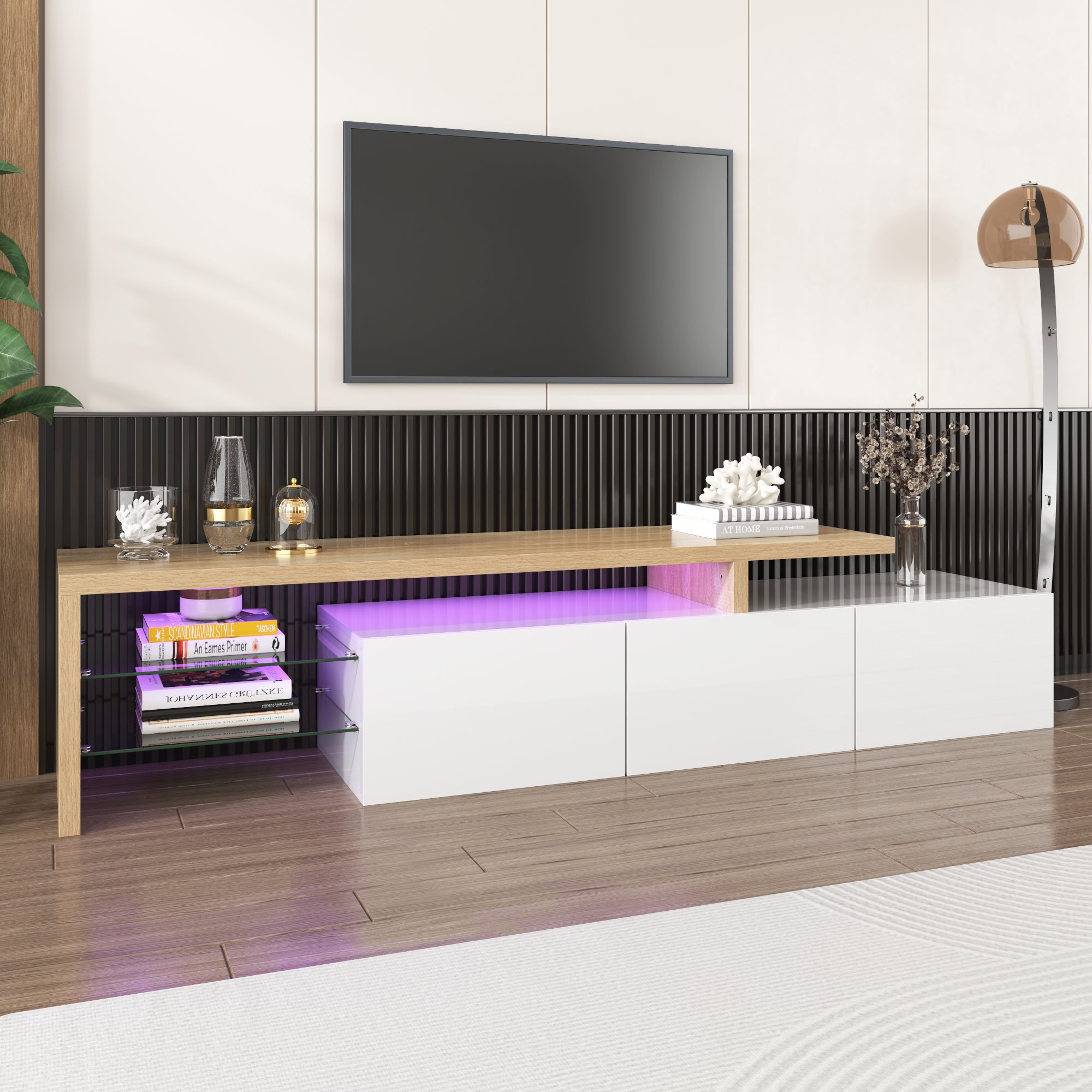 Meuble TV moderne avec 3 portes et 2 niches - LEDs - bois MDF et verre - coloris chêne et blanc - 2