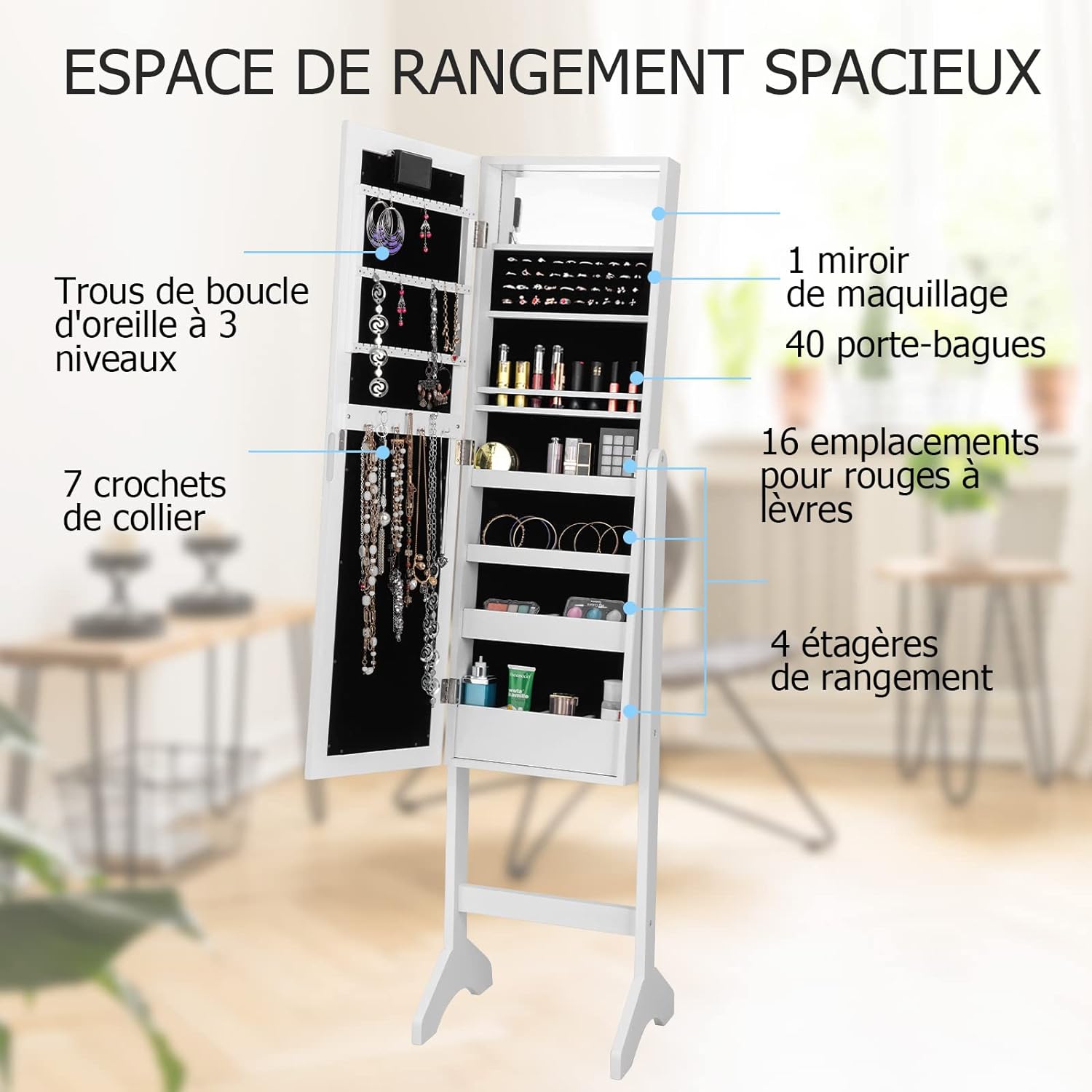 Armoire a Bijoux sur Pied,Rangemen avec Miroir Plein Longueur & Lumieres LED sur le Miroir, Autoportante Verrouillable avec Crochet de Collier(Blanc) - 3