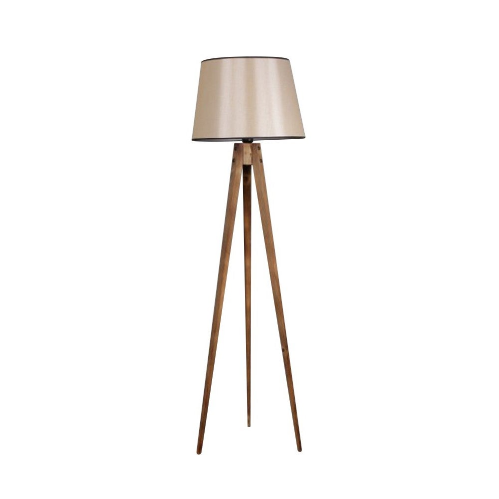 Lampa podłogowa Vanta na trójnogu z 3 wyszukanymi nóżkami wykonanymi z naturalnego drewna jodłowego i brązowym kloszem z tkaniny ø50 cm