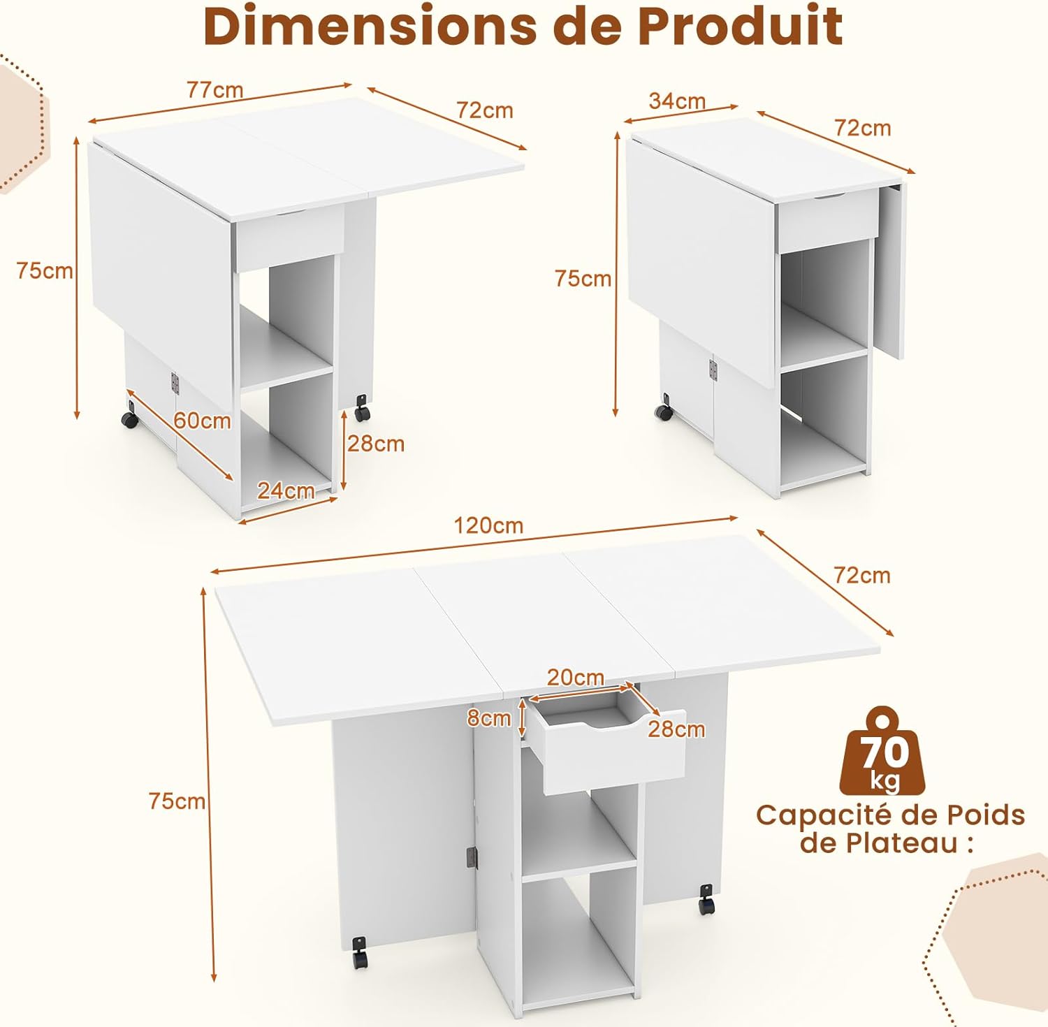 Składany Stół Mobilny z 2 Kółkami, 2-Stopniową Półką i Szufladą - Do Jadalni, Kuchni, Małego Salonu (Biały) - 3