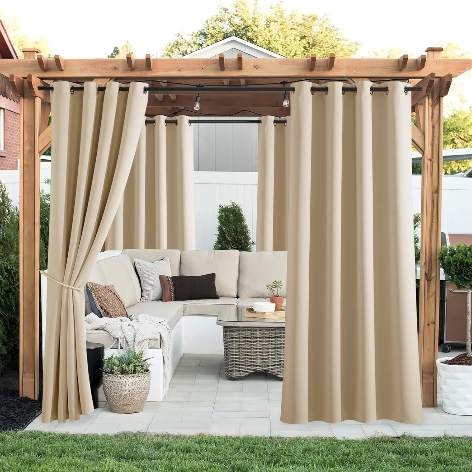Rideaux d'Extérieur - Rideau Occultant Thermique à Oeillets Isolation Thermique Pergola Patio Draperies Décoration,132 x213cm, Beige, 1 Paire - 2