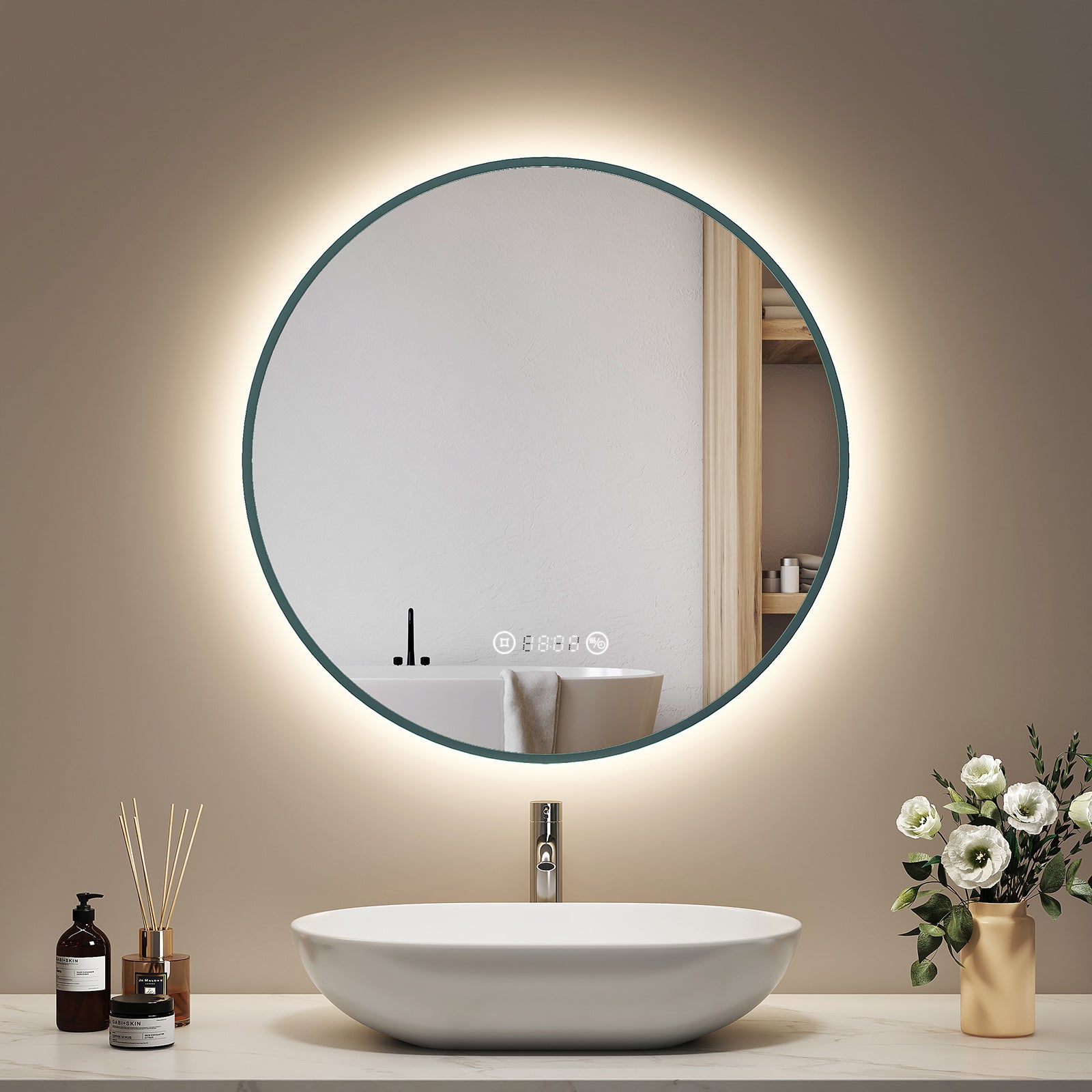 Miroir Salle De Bain Rond LED 60 Cm - Cadre Doré, Antibuée - 3 Couleurs Lumière, Intensité Réglable - Interrupteur Tactile, IP44 - 10