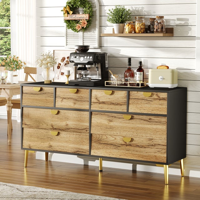 Buffet effet bois noyer avec 2 portes et 3 tiroirs en rotin pieds et poignées dorées 150*90*40cm URNO