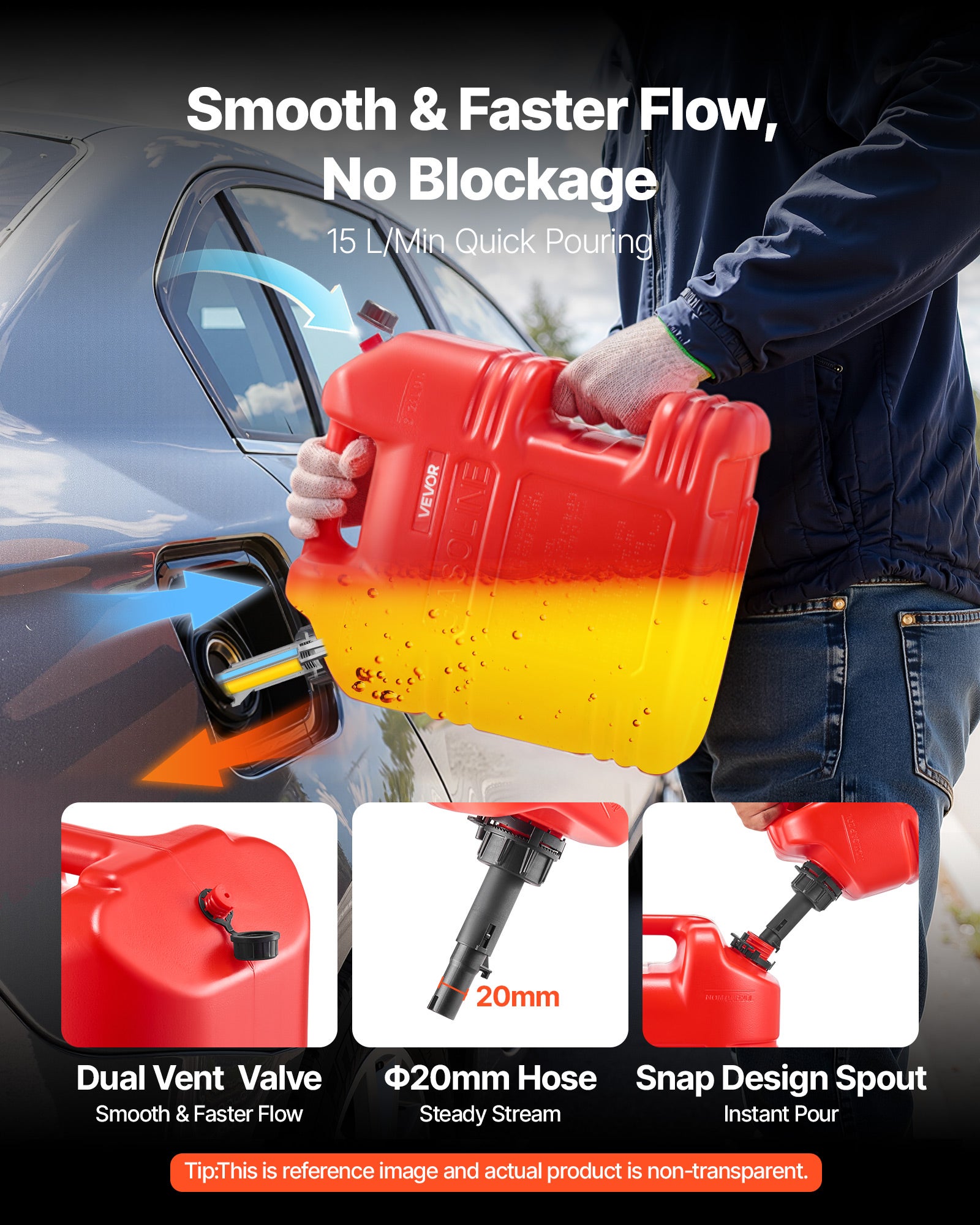 Depósito combustível para gasolina VEVOR 19L, pacote 2, com bocal despejo, caudal máximo 15L/min, para a maioria dos automóveis, motociclos, vermelho - 4