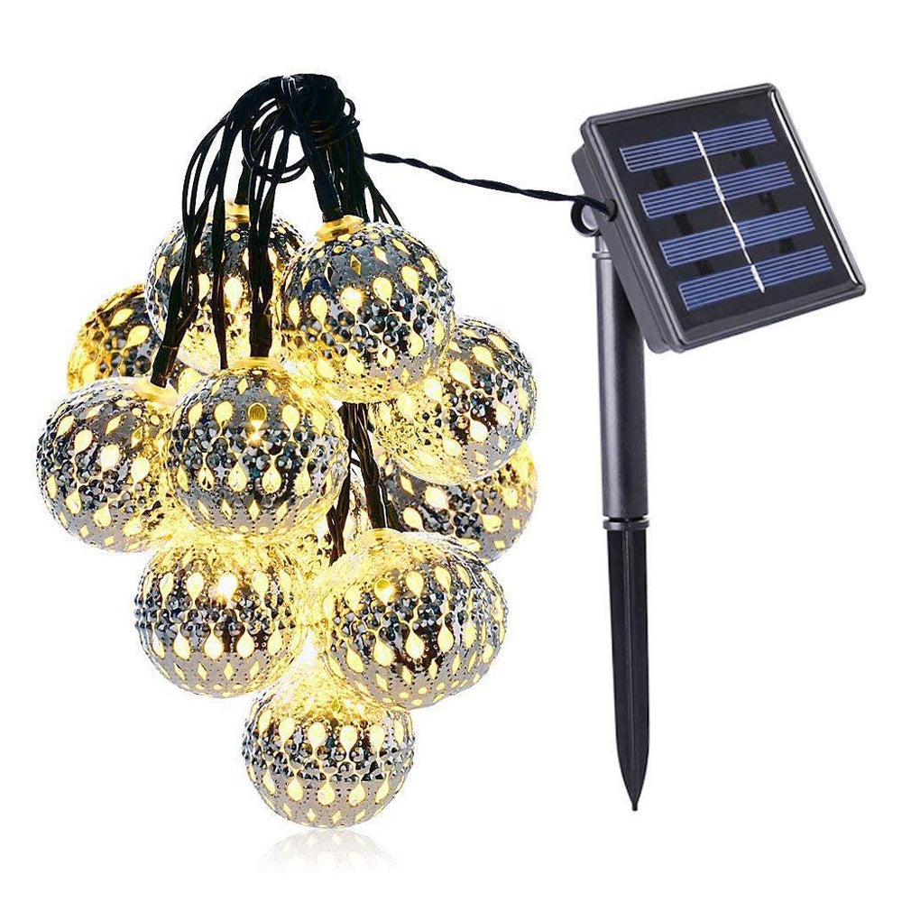 Solarne oświetlenie sznurkowe LED, 3 metry, 20 ciepłych białych świateł LED, wydrążone żelazne kule, lampki świąteczne, romantyczna dekoracja pokoju