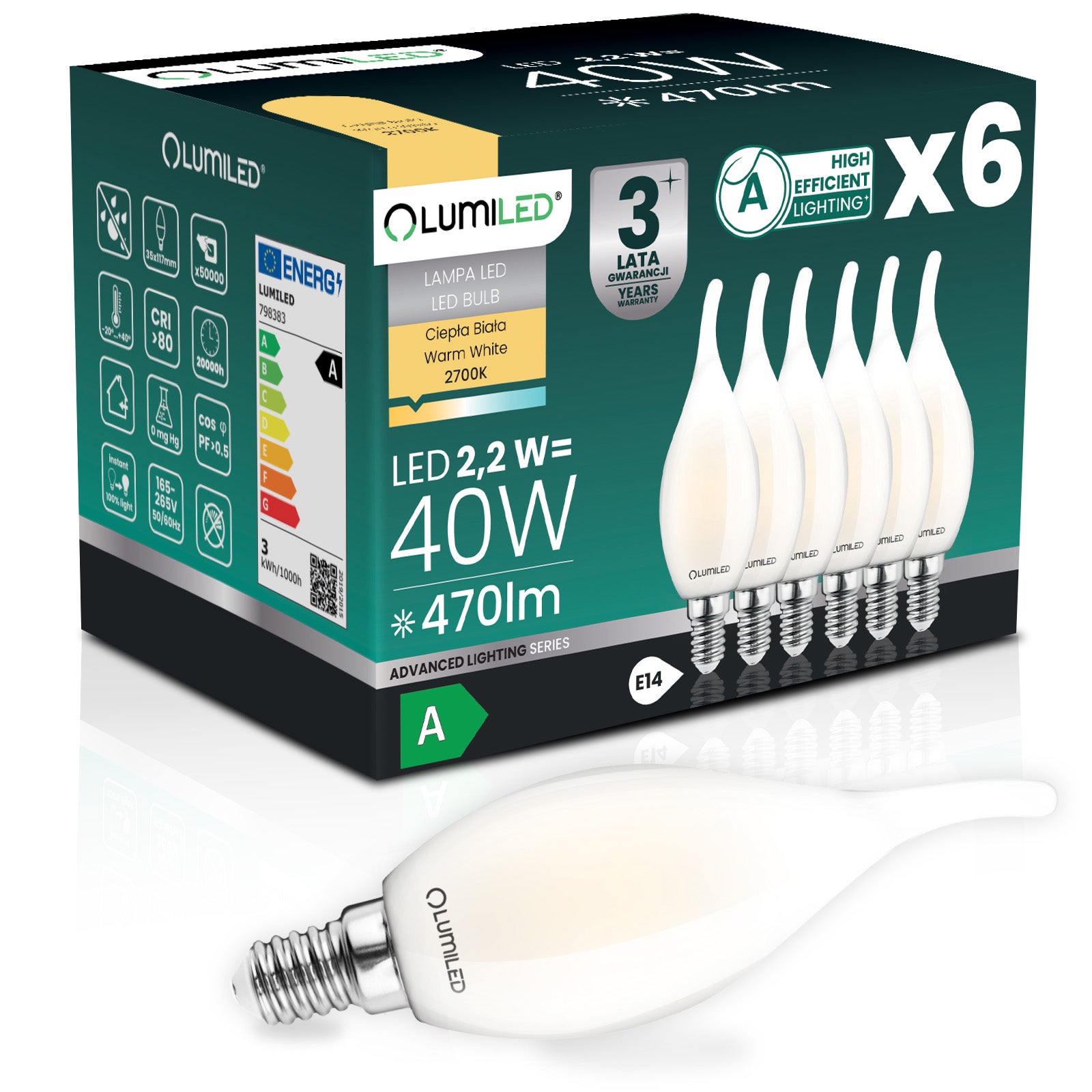 Żarówka LED Lumiled E14 Świeczka BA35 2.2W 470lm 2700K 360st Filament Klasa A 6 szt.