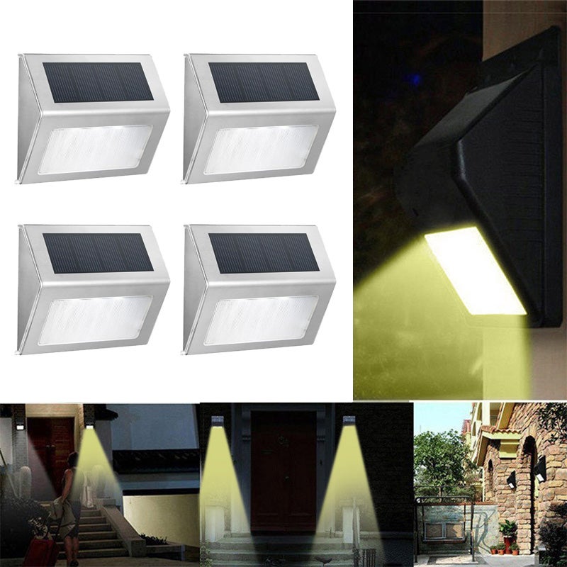 4 lampy solarne do ogrodzenia, kinkiet solarny do ogrodzenia, zewnętrzny kinkiet ogrodowy, stal nierdzewna [3 białe diody LED]