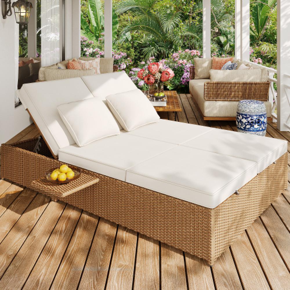 Espreguiçadeira dupla para exterior em rattan, sofá de rattan, móveis de jardim dobráveis, com almofadas, resistente ao clima, branco - 6