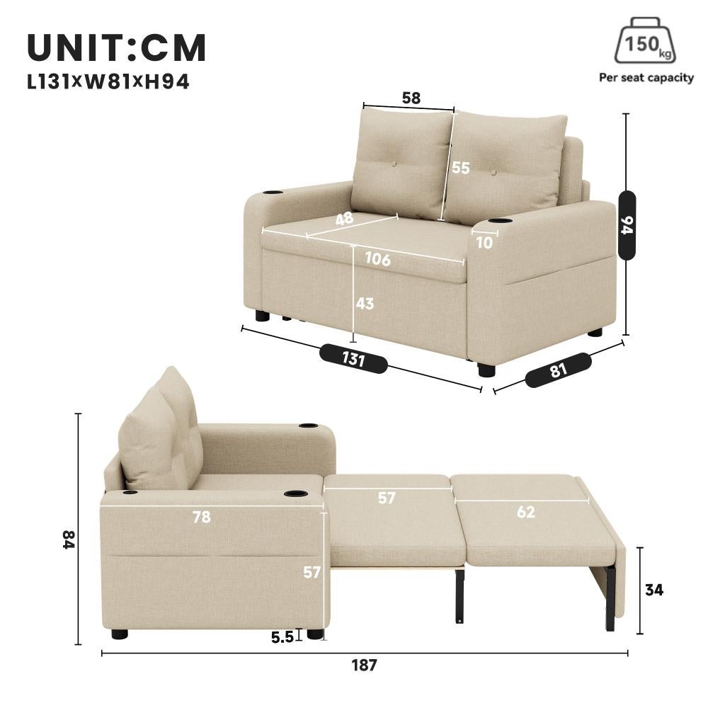 Canapé-lit 3-en-1, convertible, double avec porte-gobelet, poches latérales, coussins, USB, design moderne, beige - 2