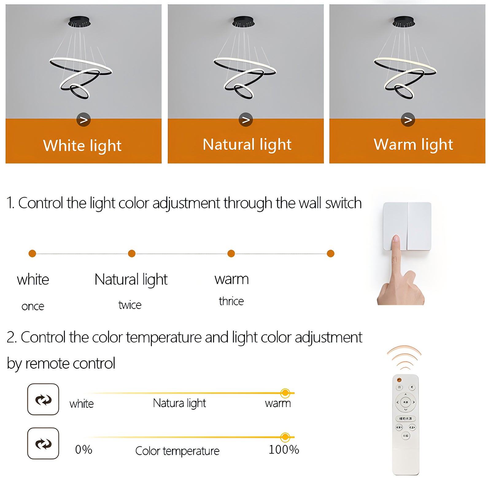 GOECO Suspension Luminaire dimmable - Lustre LED Moderne pour Salon Salle à Manger - Avec télécommande Hauteur Réglable - Noir - Ø.20+40+60cm - 5