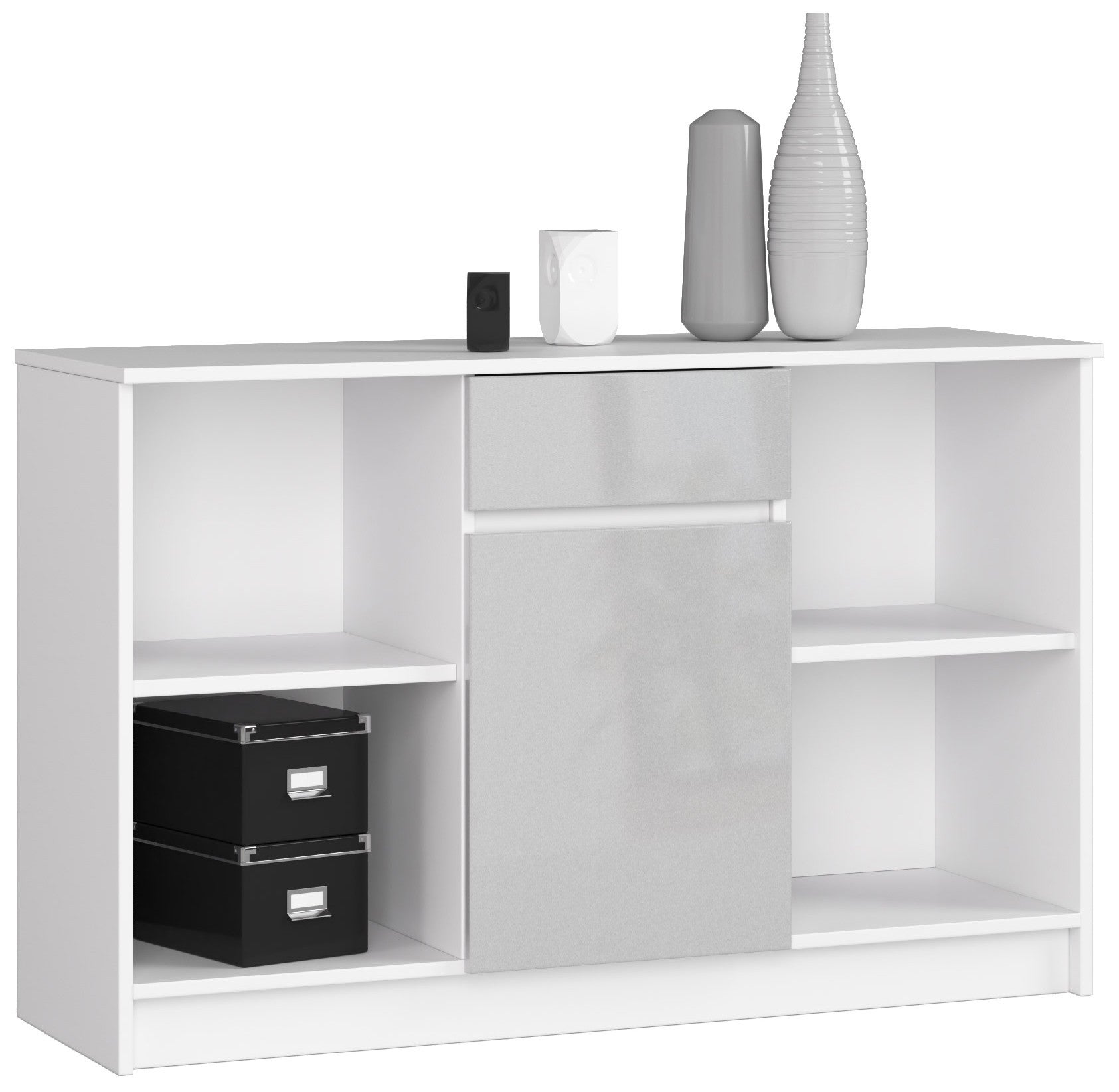 Komoda: 1 szuflada, 1 drzwi, 6 półek, biała | metaliczny połysk, 120 x 77 x 40 cm