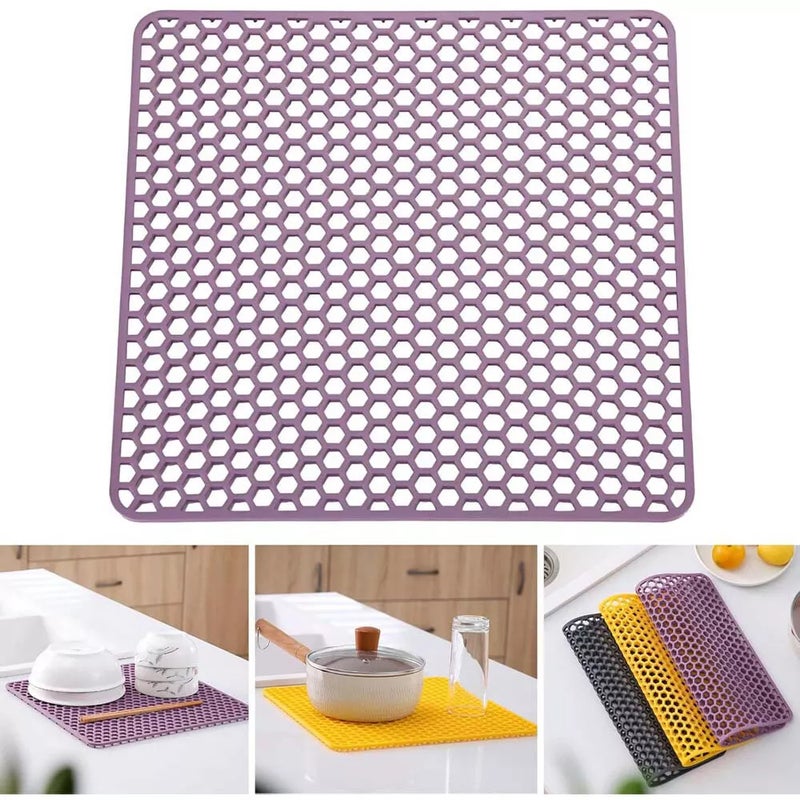 Silikonowa mata do osuszania zlewu, prostokątny antypoślizgowy ociekacz do naczyń kuchennych, mata do odsączania, 26,5 x 26,5 cm, fioletowa